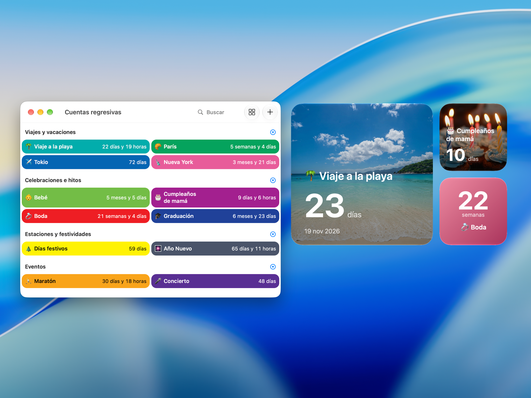 La app Contadores en el escritorio de una Mac, junto a widgets personalizados con la cuenta regresiva de un viaje a la playa, el cumpleaños de mamá y una boda.