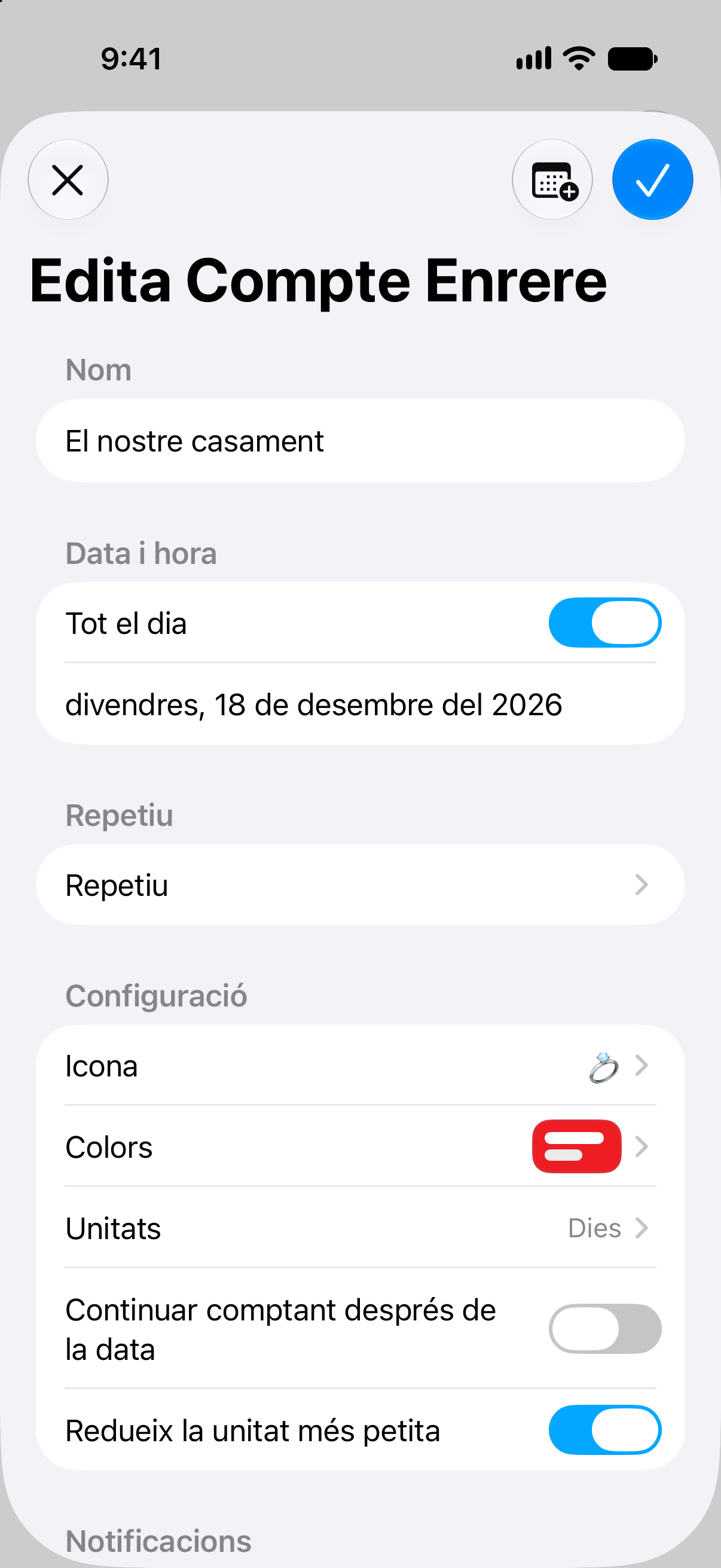 Editor de comptes enrere de Comptes Enrere amb el nom, la data i les opcions de personalització de l’esdeveniment.