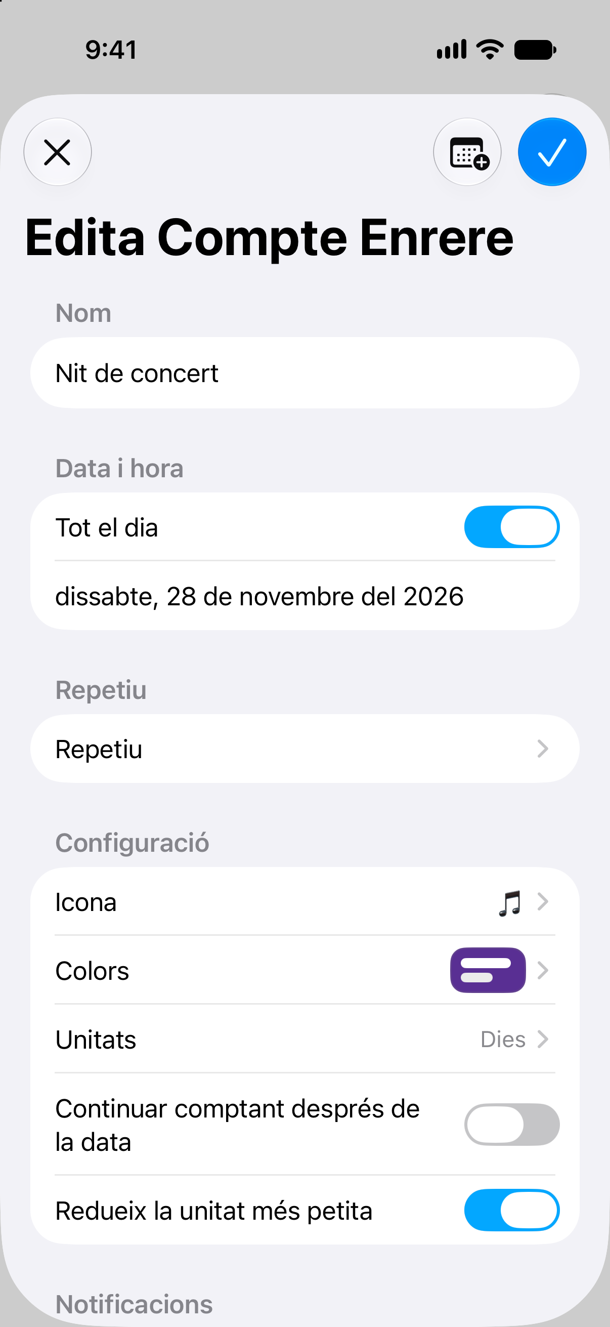 Editor d’esdeveniments de Comptes Enrere amb opcions de data i personalització del compte enrere.