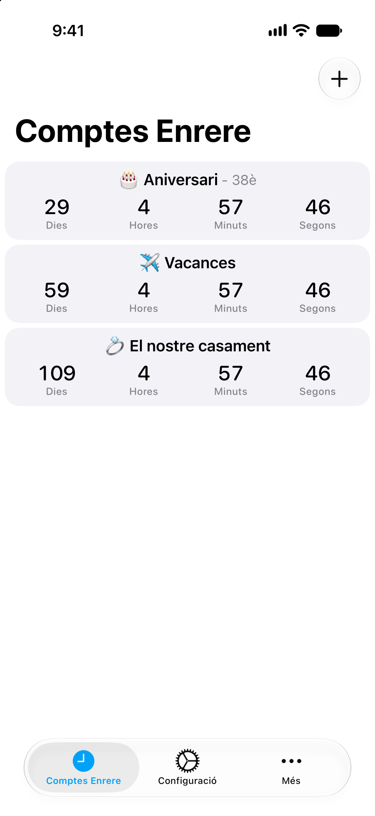 Llista detallada de comptes enrere a Comptes Enrere amb el temps que falta per als pròxims esdeveniments.