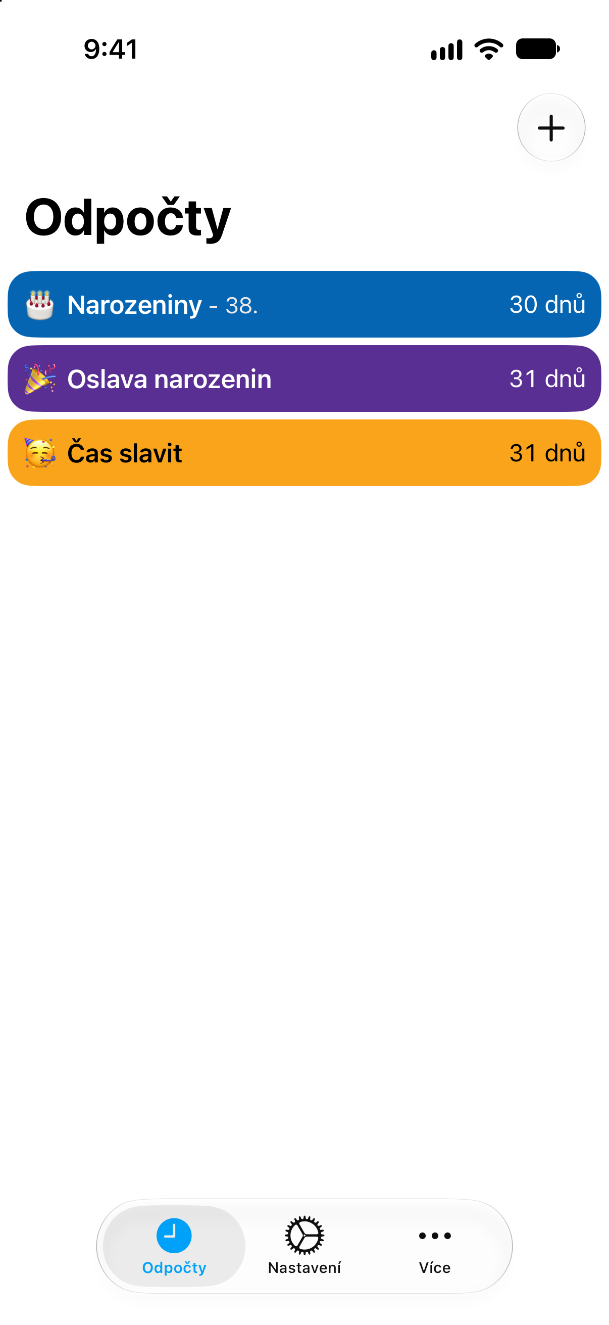 Odpočty — Odpočet do narozenin. Podrobný seznam odpočtů se zbývajícím časem.