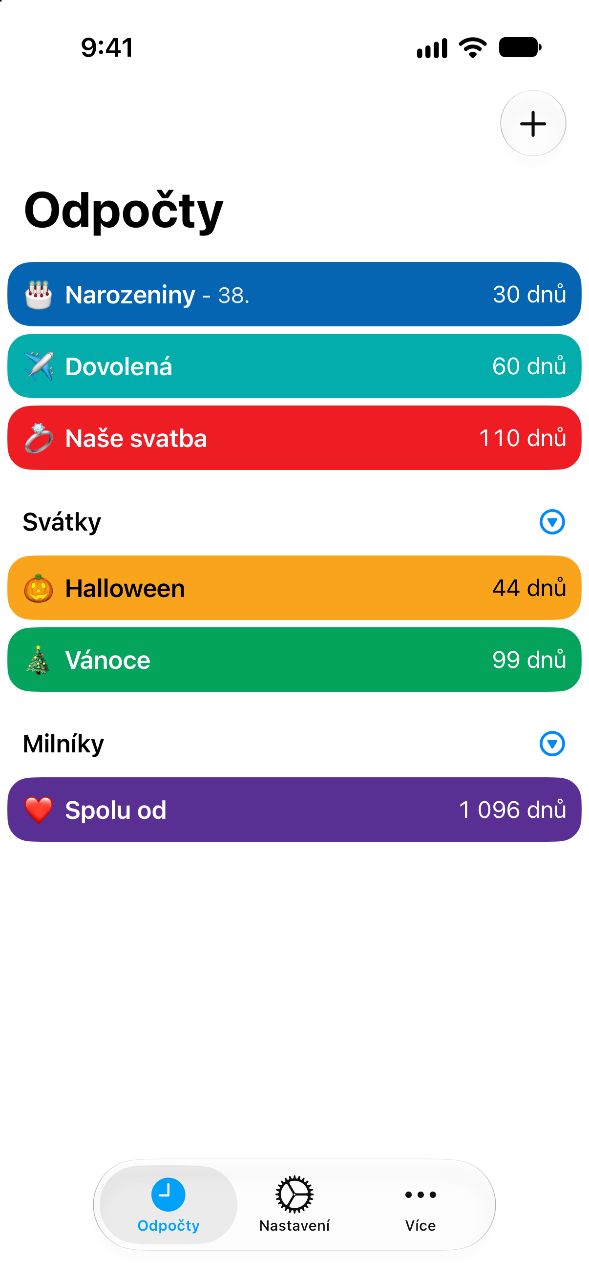 Odpočty — Odpočty s různými barvami událostí.