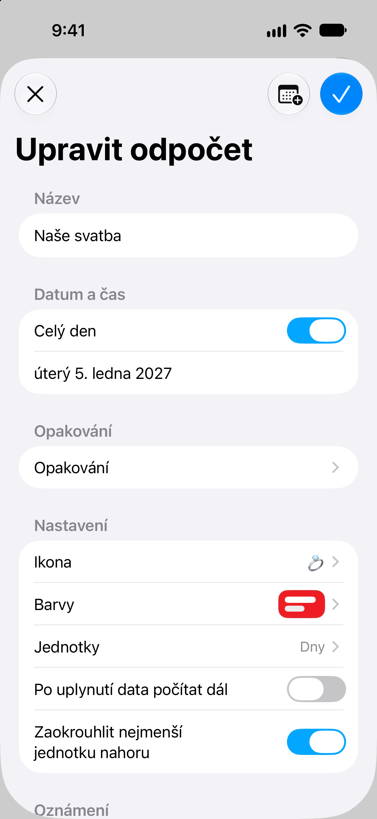 Odpočty — Úprava názvu, data a možností odpočtu.