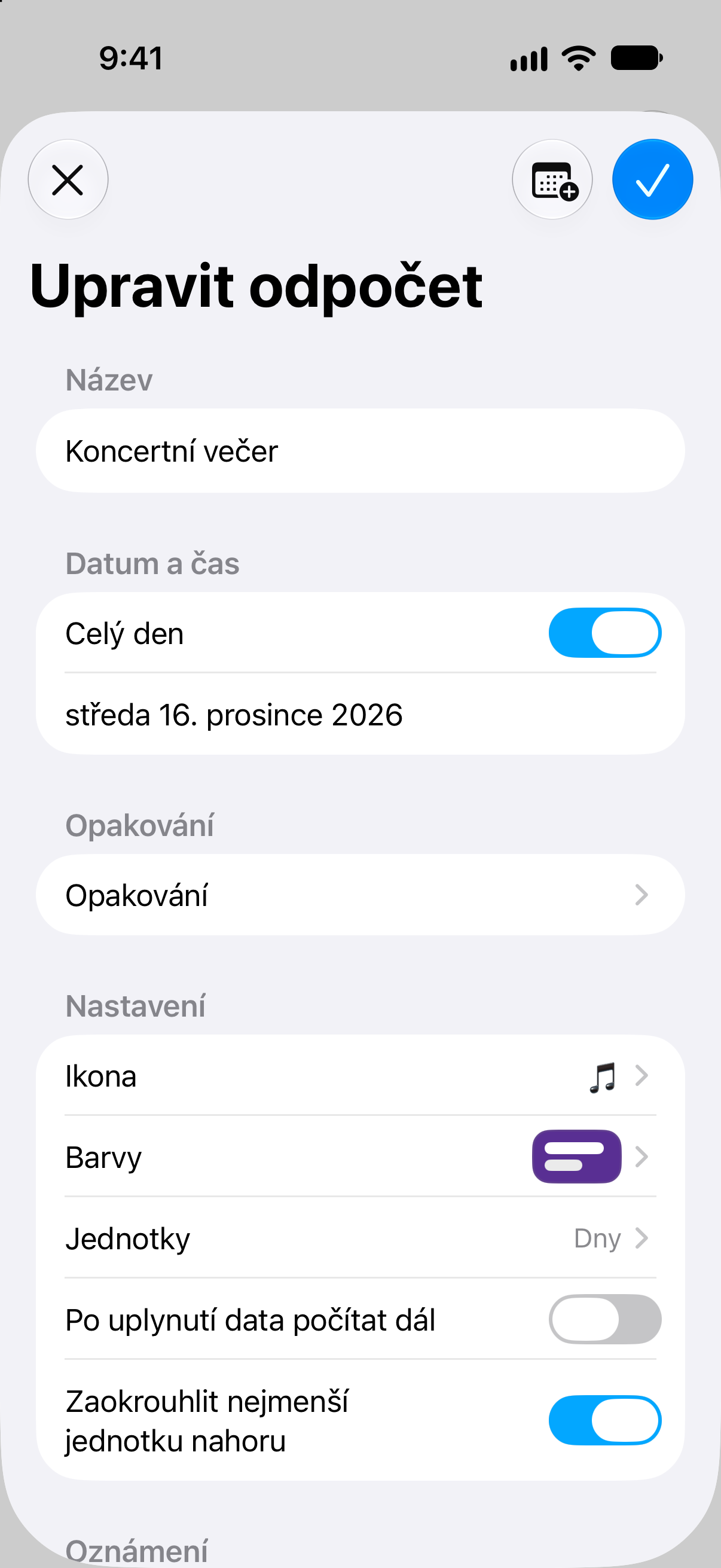 Odpočty — Odpočet do události. Úprava názvu, data a možností odpočtu.