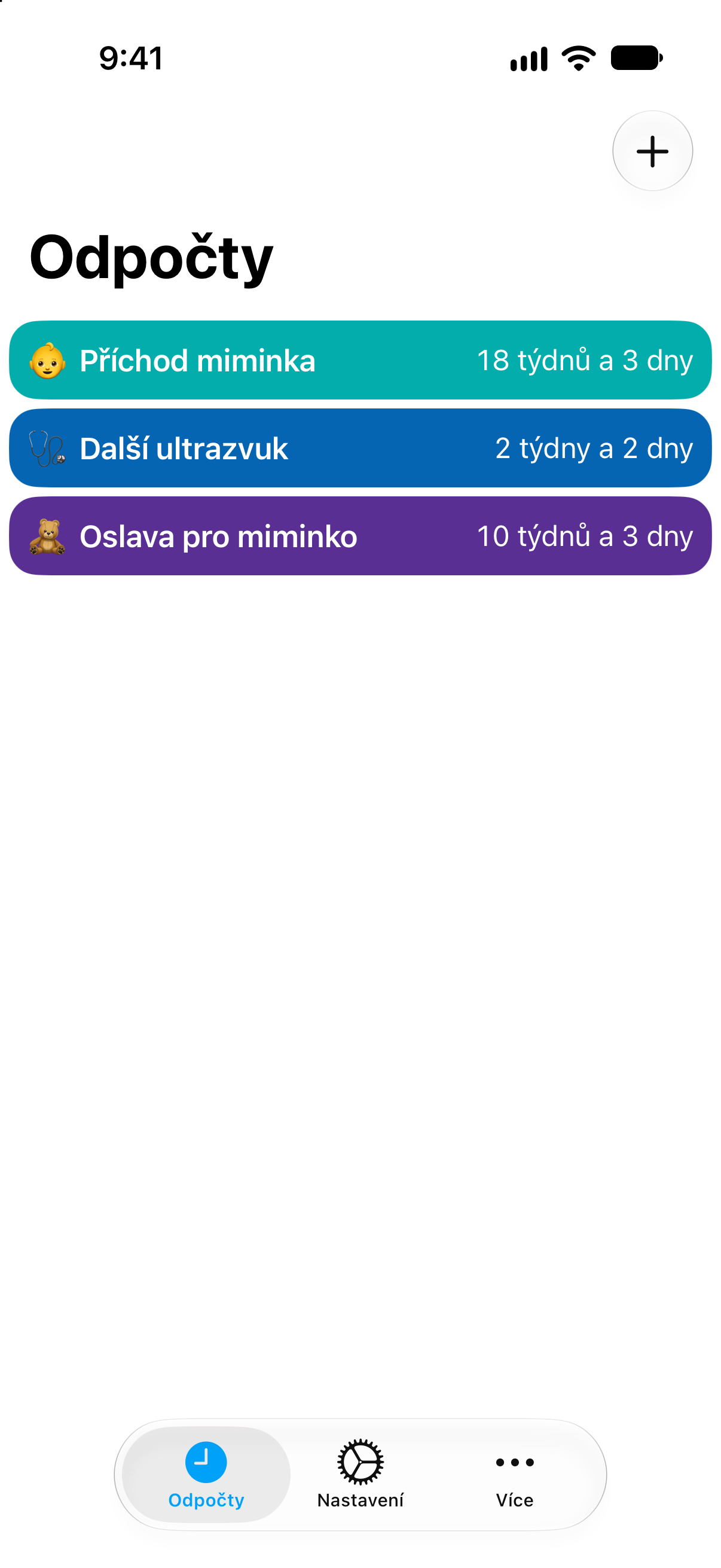 Odpočty — Odpočet do porodu. Podrobný seznam odpočtů se zbývajícím časem.