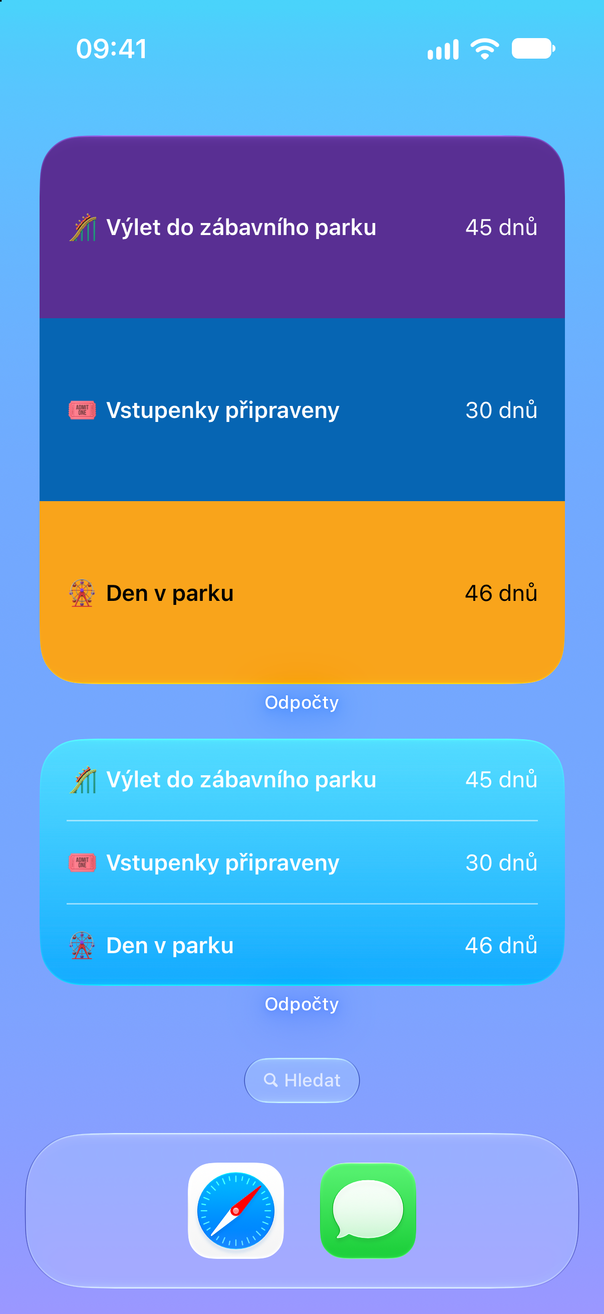 Odpočty — Odpočet do výletu do zábavního parku. Widgety na ploše s nadcházejícími událostmi.