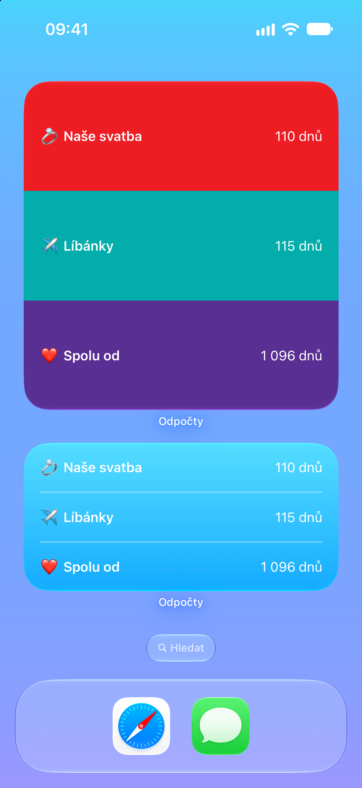 Odpočty — Odpočet do svatby. Widgety na ploše s nadcházejícími událostmi.