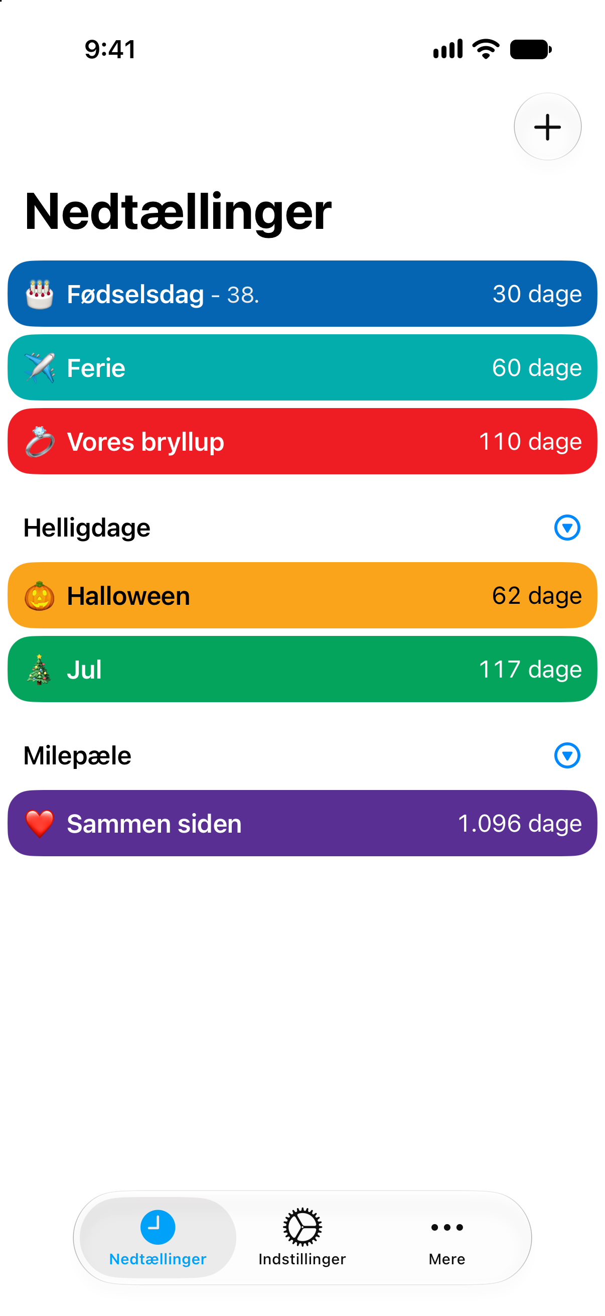 Farverig nedtællingsliste i Nedtællinger med forskellige farver til hver begivenhed.