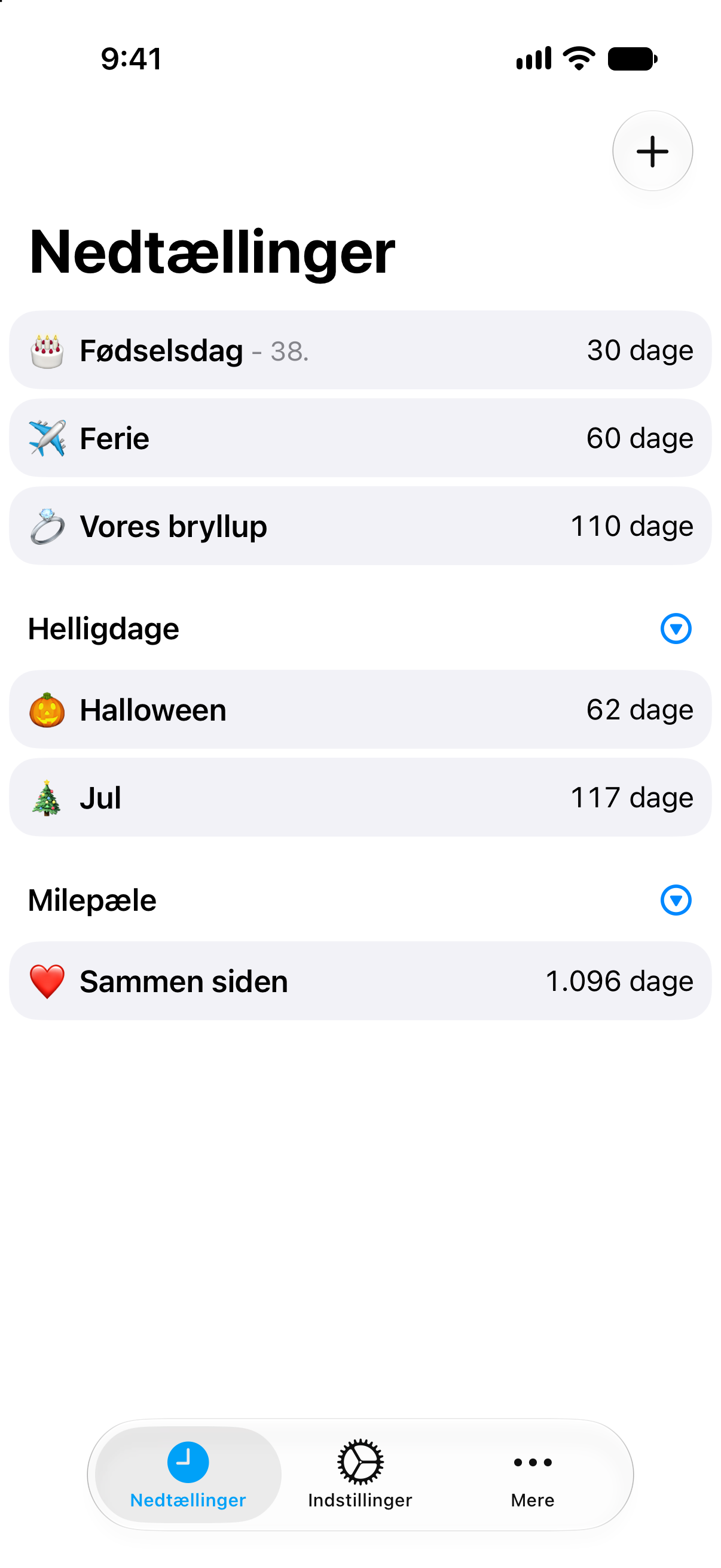 Kompakt nedtællingsliste i Nedtællinger med flere begivenheder synlige på én gang.