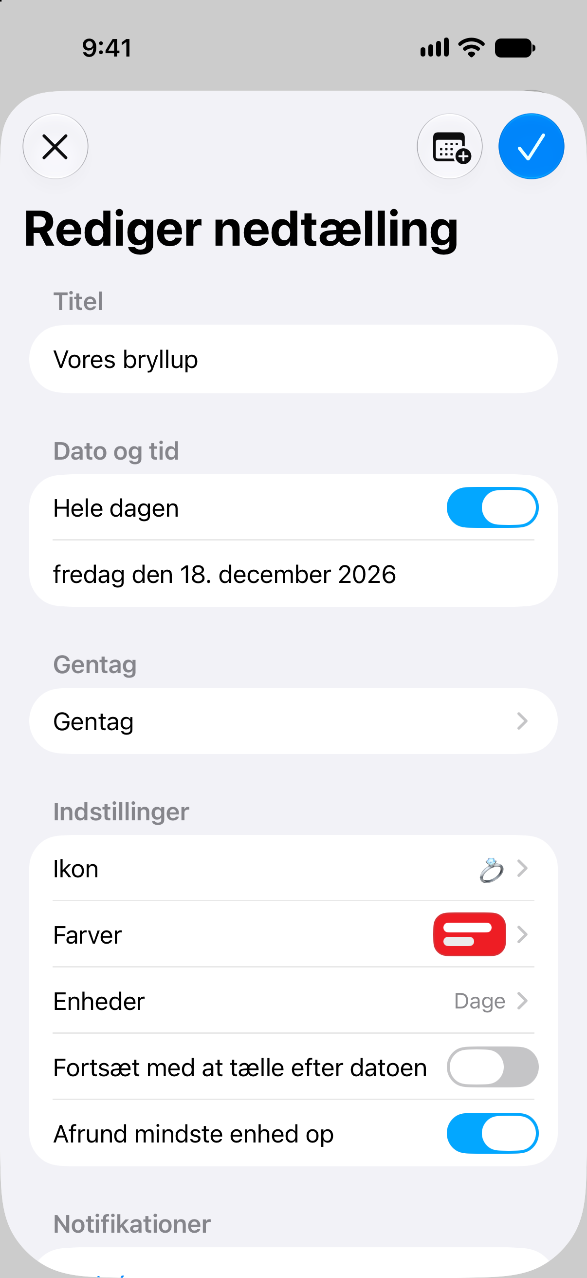 Redigering af en nedtælling i Nedtællinger med begivenhedens navn, dato og tilpasningsmuligheder.
