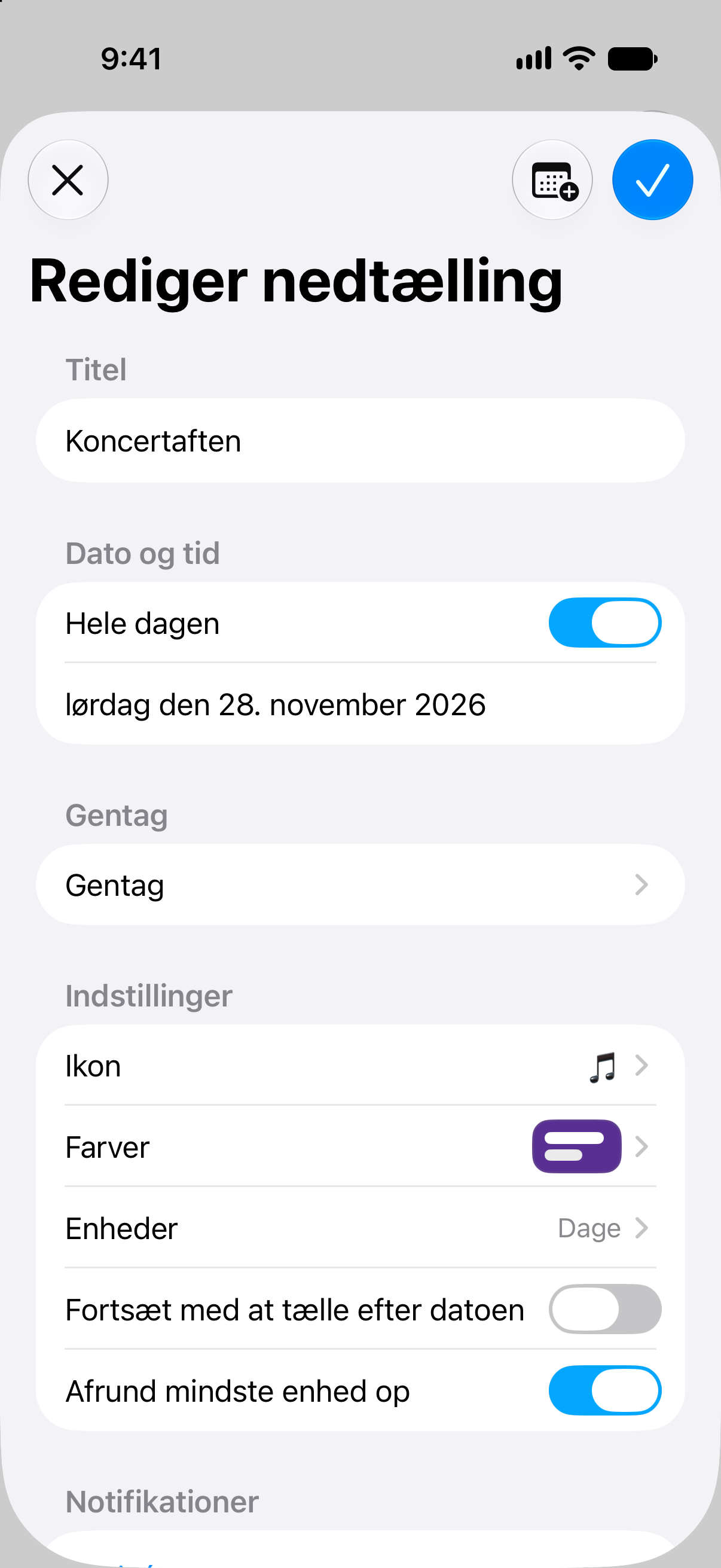 Redigering af en begivenhed i Nedtællinger med dato og muligheder for at tilpasse nedtællingen.
