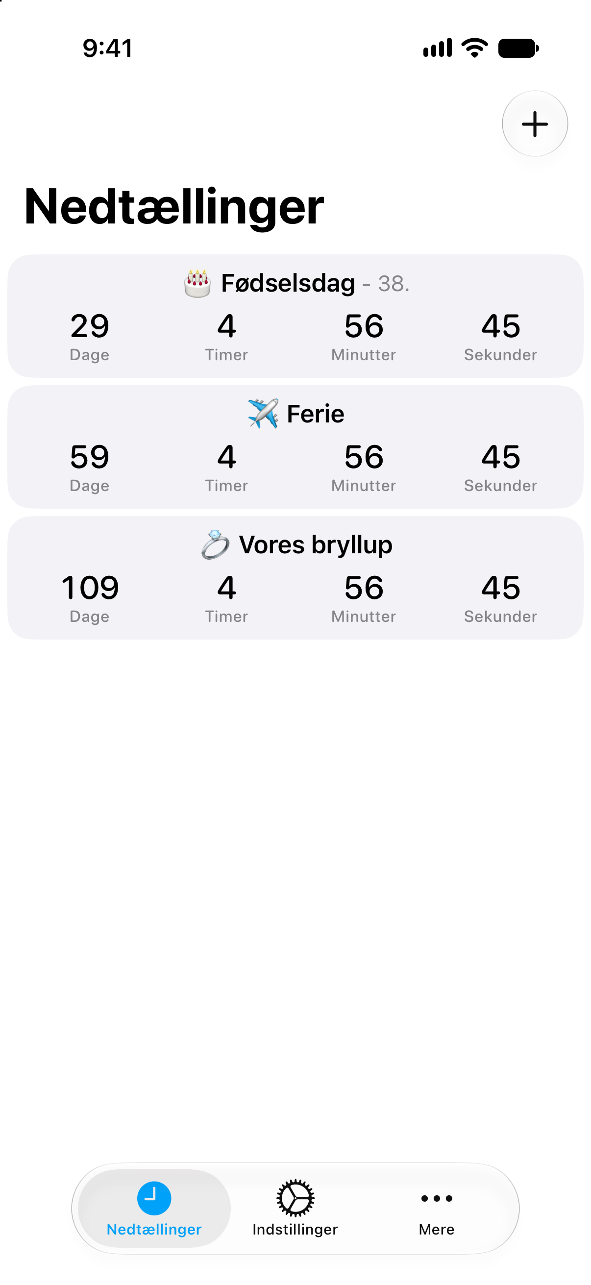 Detaljeret nedtællingsliste i Nedtællinger med tiden indtil kommende begivenheder.