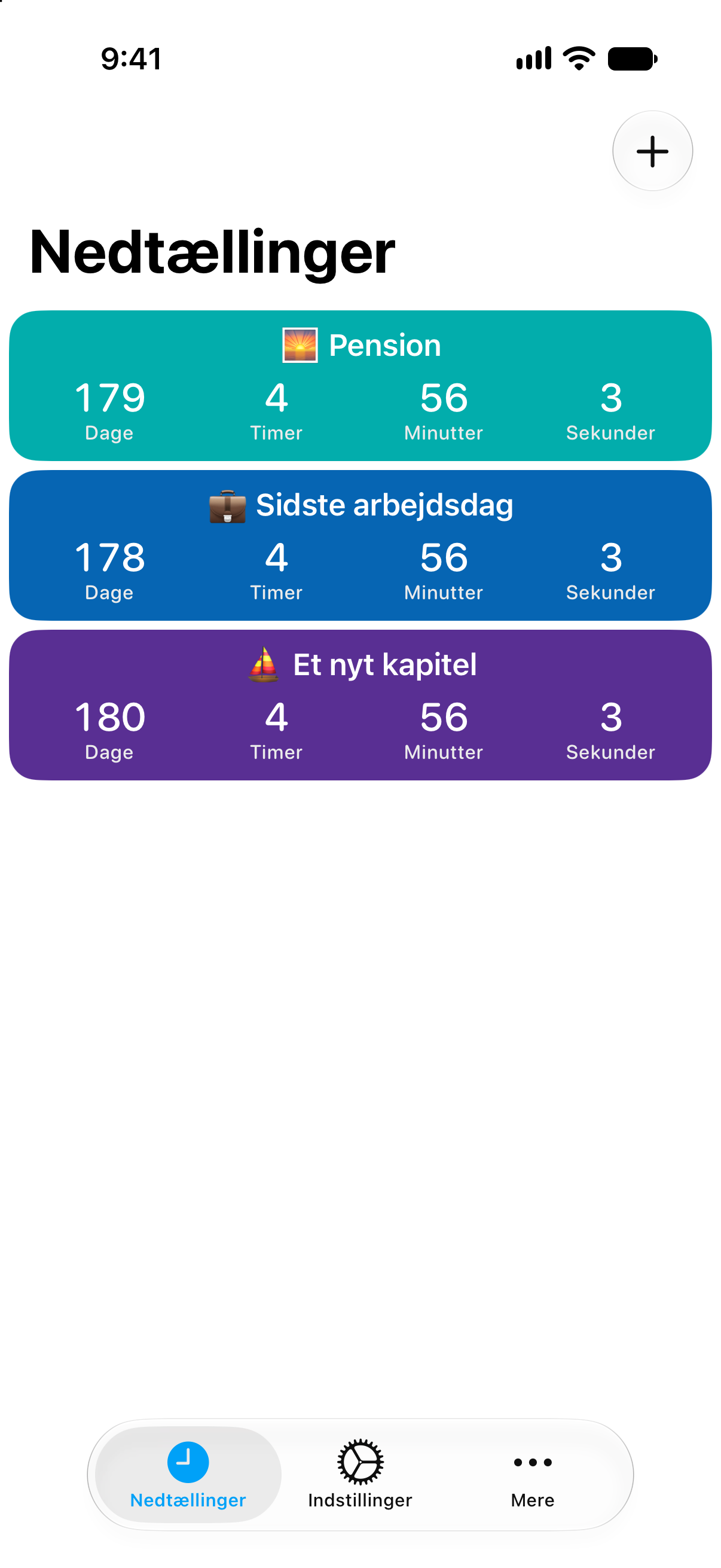 Detaljerede nedtællinger til pension og sidste arbejdsdag i Nedtællinger.