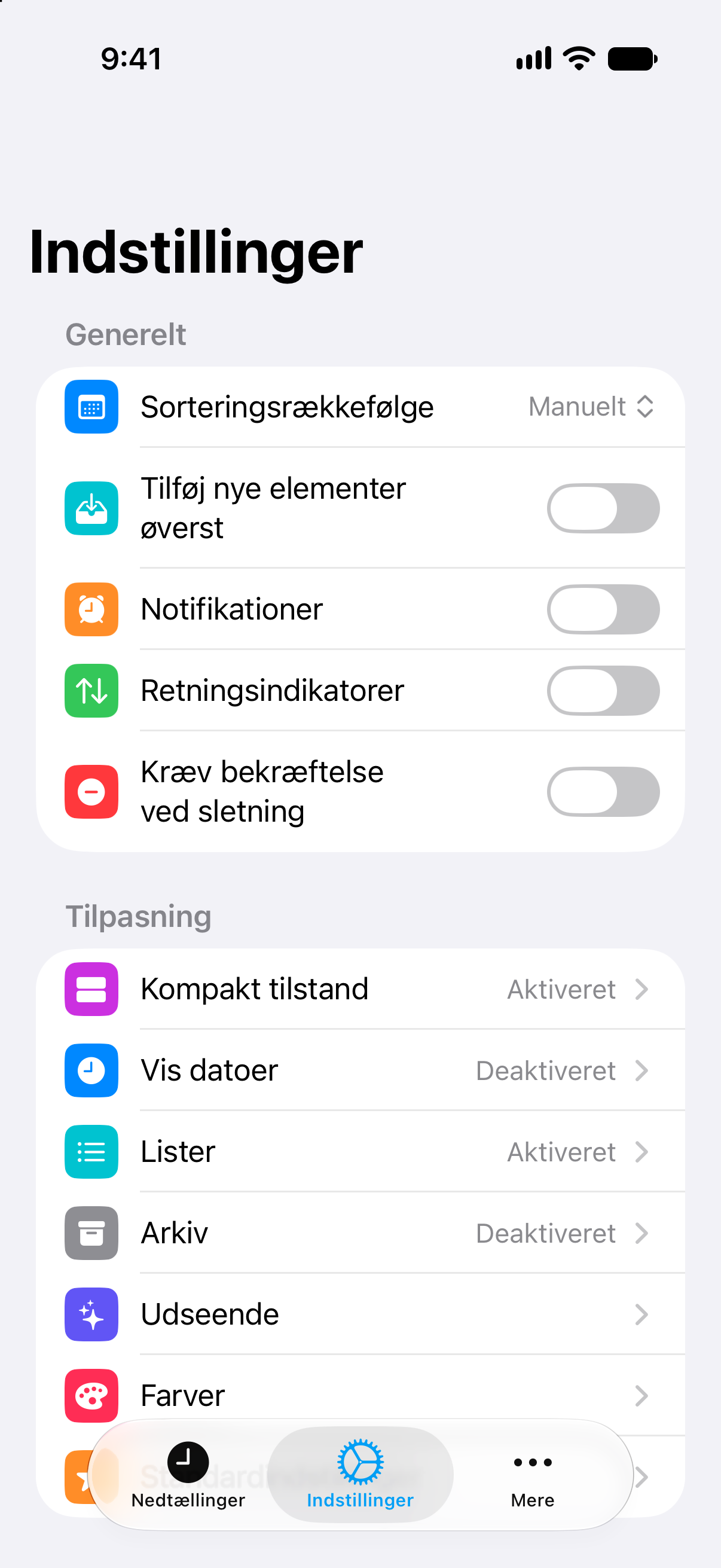 Indstillinger i Nedtællinger med livstidsadgang til Pro.