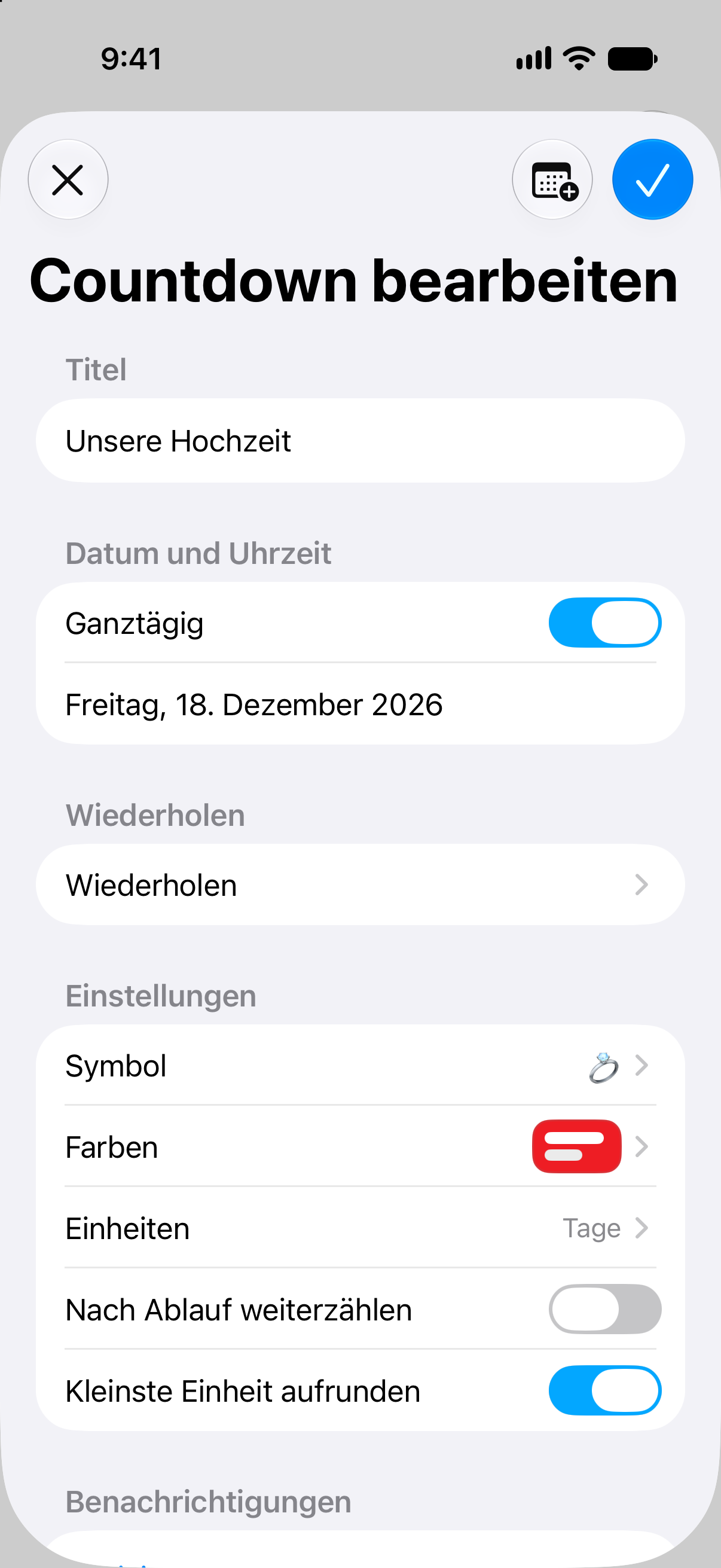 Countdown-Bearbeitung in Countdowns mit Ereignisname, Datum und Anpassungsoptionen.