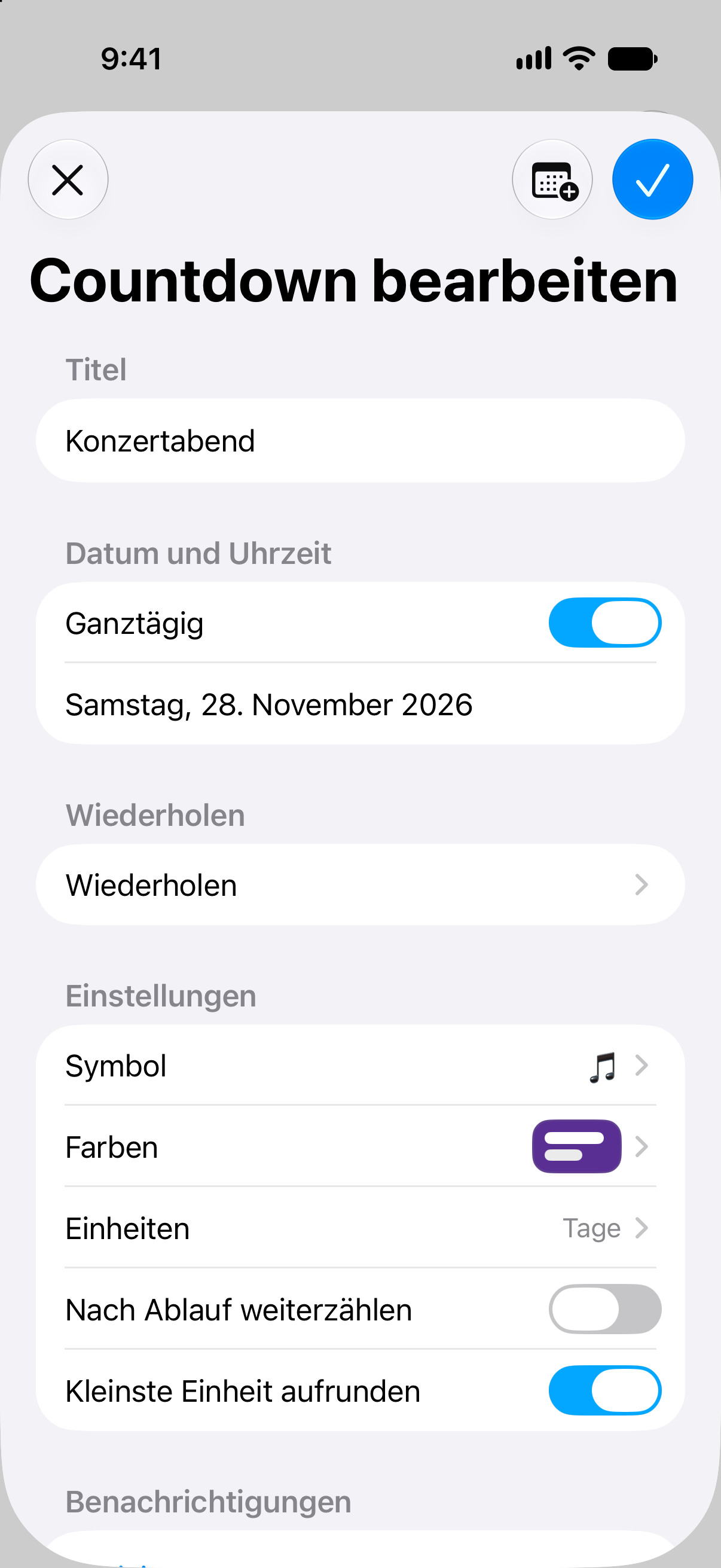 Ereignisbearbeitung in Countdowns mit Datum und Anpassungsoptionen für den Countdown.