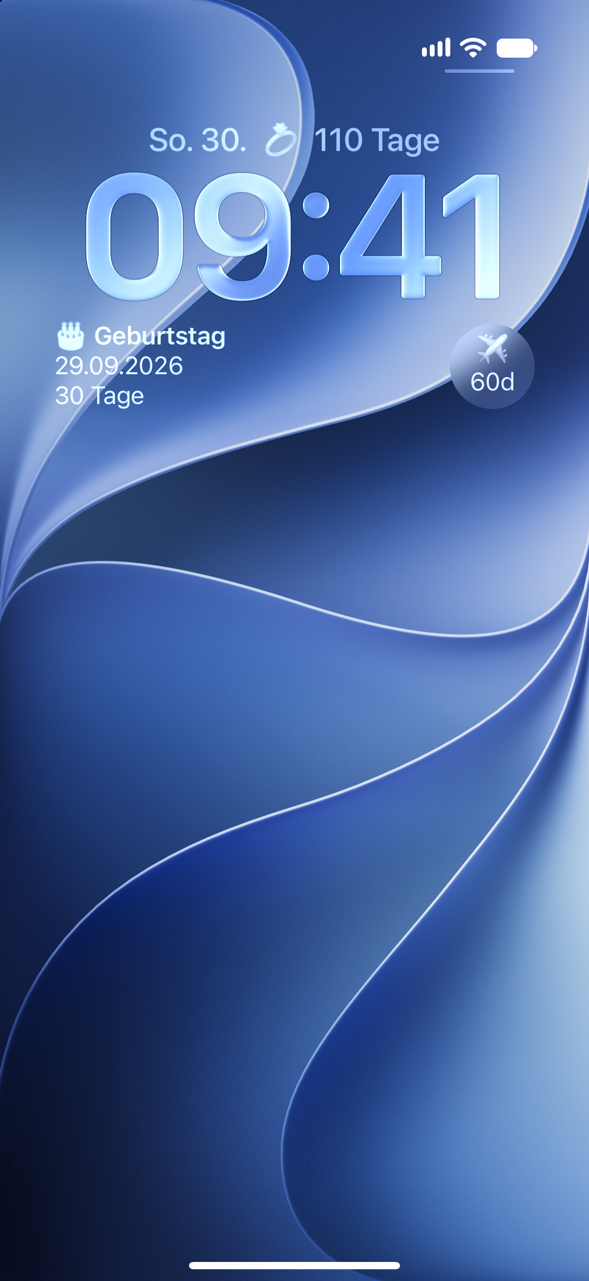 Countdowns-Widgets auf dem iPhone-Sperrbildschirm mit der Zeit bis zu kommenden Ereignissen.