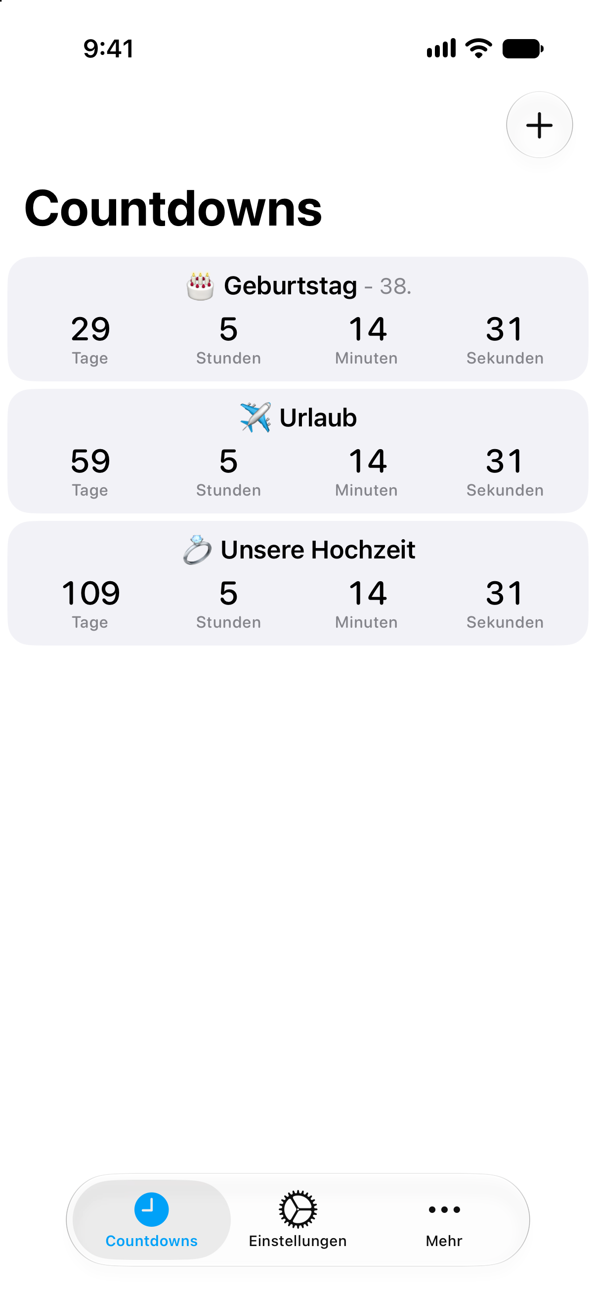 Detaillierte Countdown-Liste in Countdowns mit der verbleibenden Zeit bis zu kommenden Ereignissen.