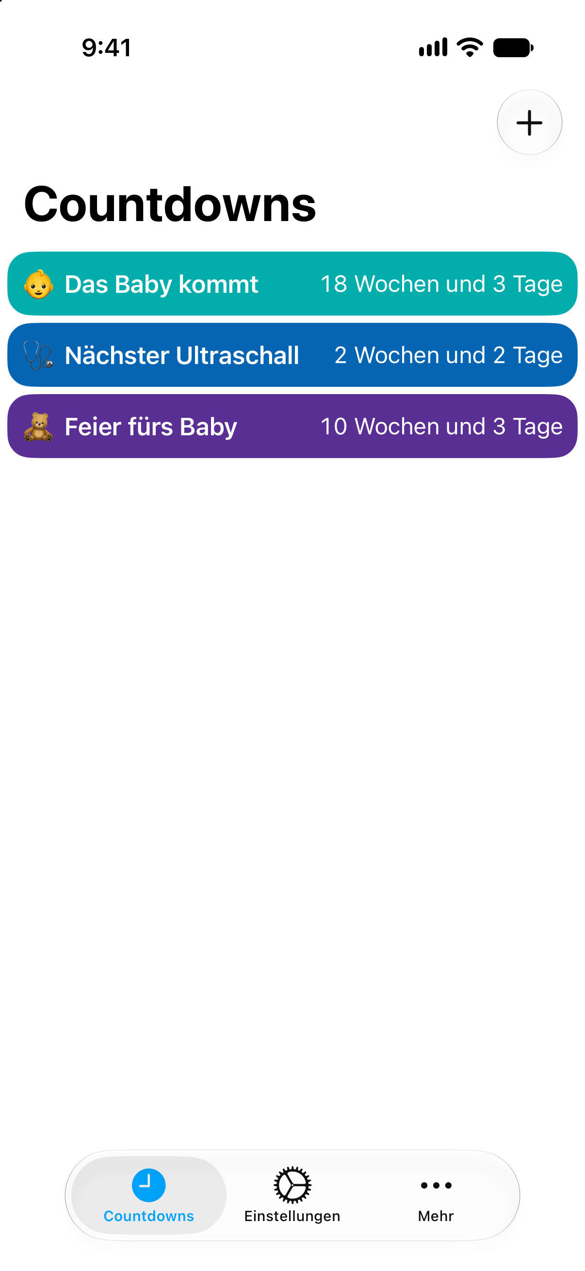 Schwangerschafts-Countdowns in Countdowns mit Wochen und Tagen bis zur Geburt.