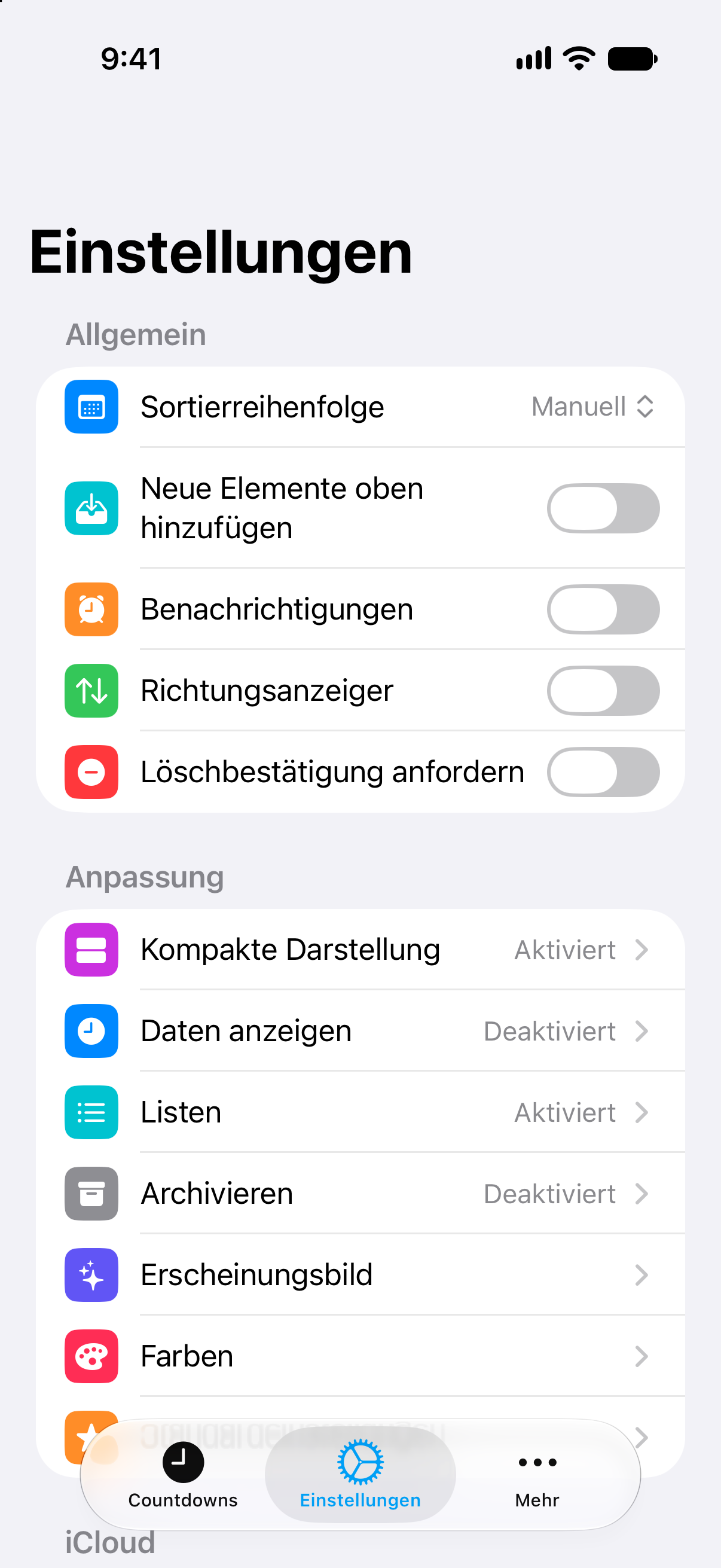 Einstellungen in Countdowns mit lebenslangem Pro-Zugang.