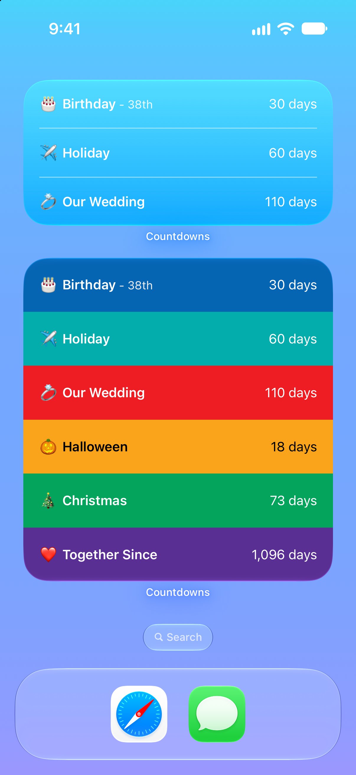 Countdowns widgets on the iPhone Home Screen showing time until upcoming events.