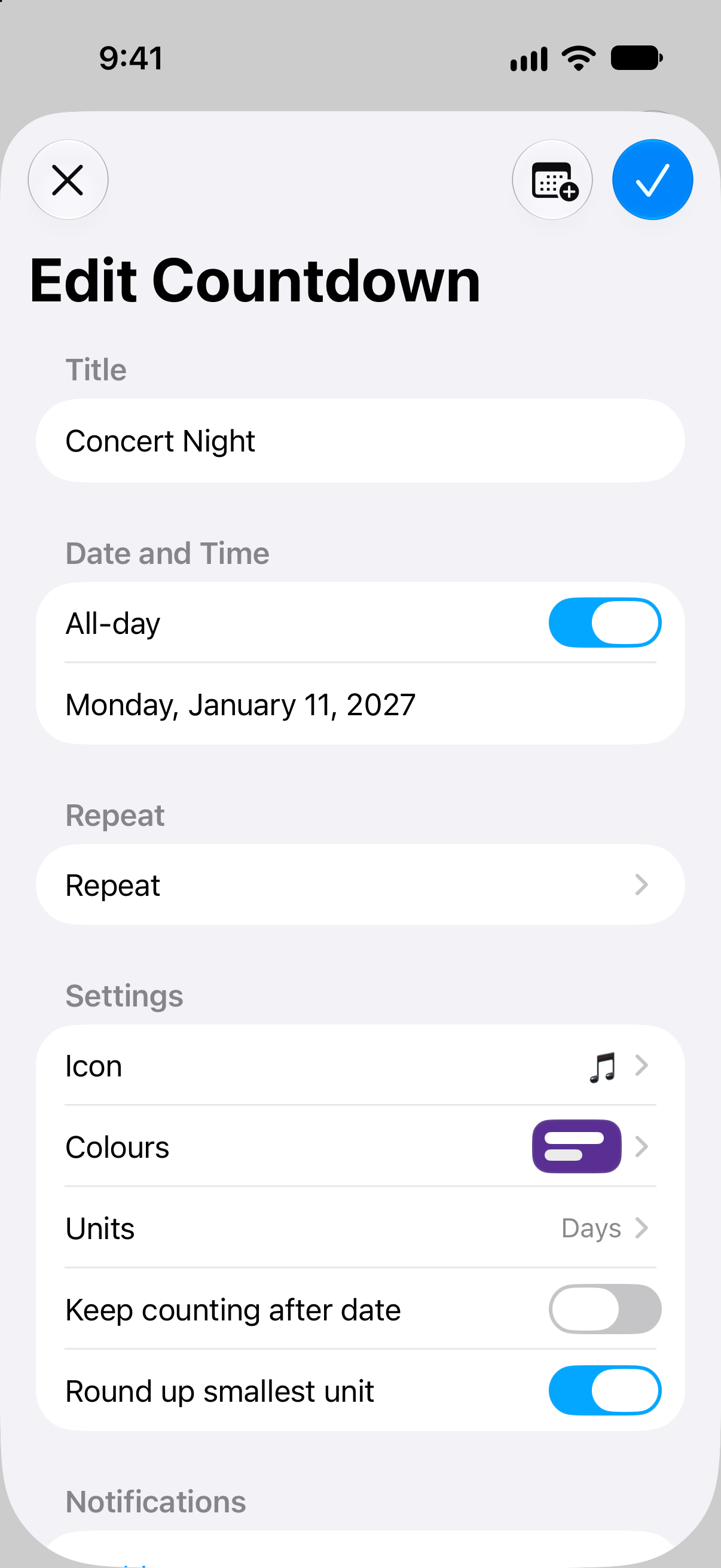Event editor in Countdowns with date and countdown customization options.