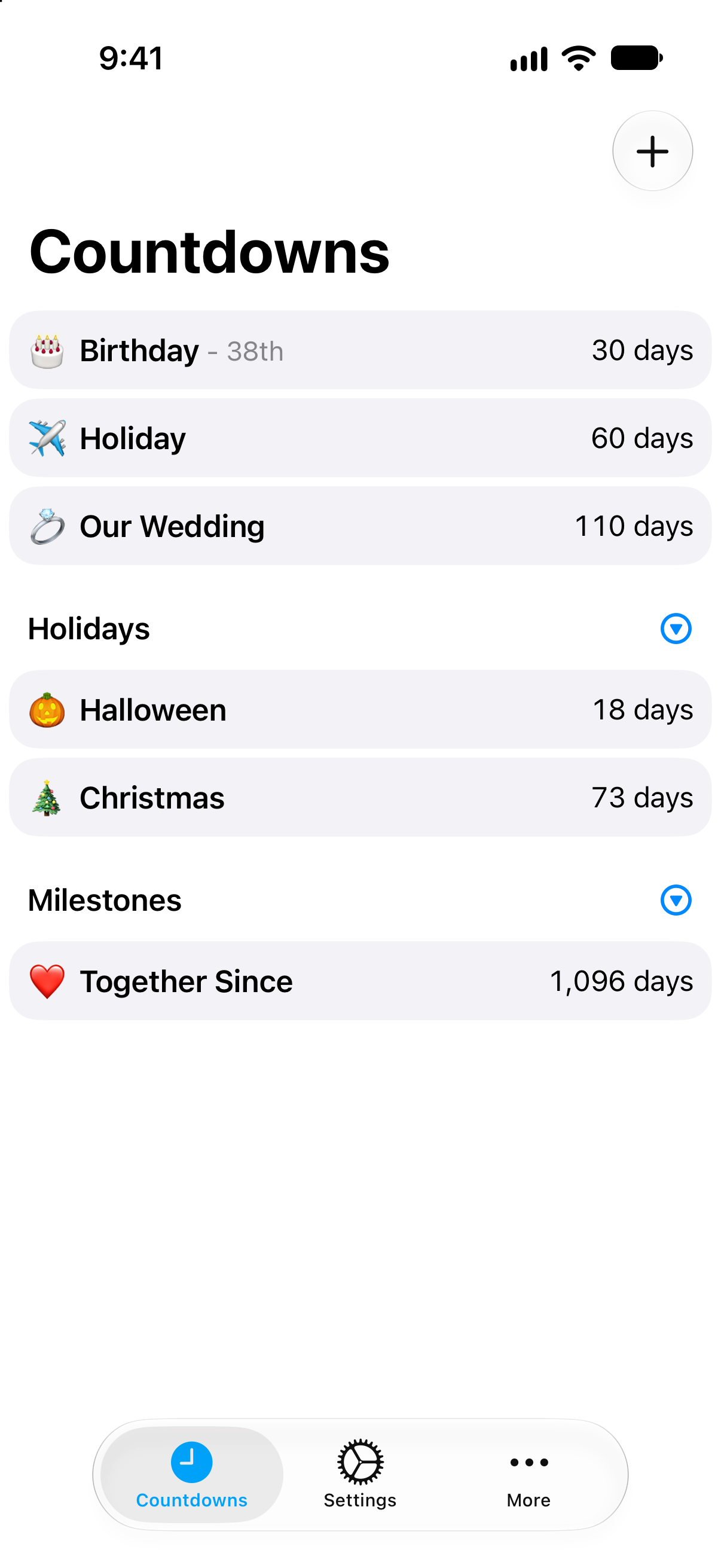 Compact countdown list in Countdowns with multiple events visible at a glance.