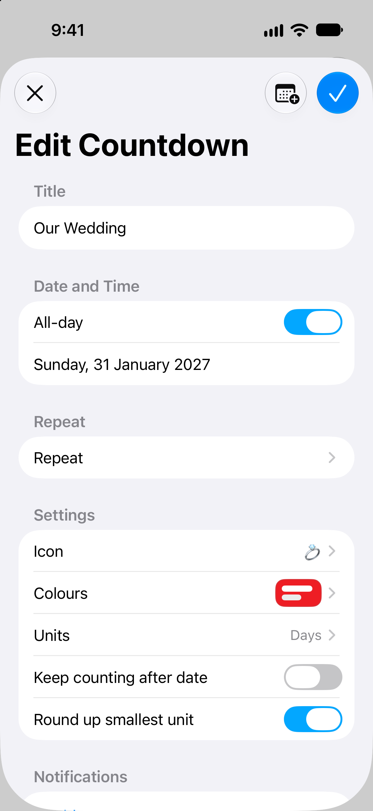 Countdown editor in Countdowns with event name, date, and customisation options.
