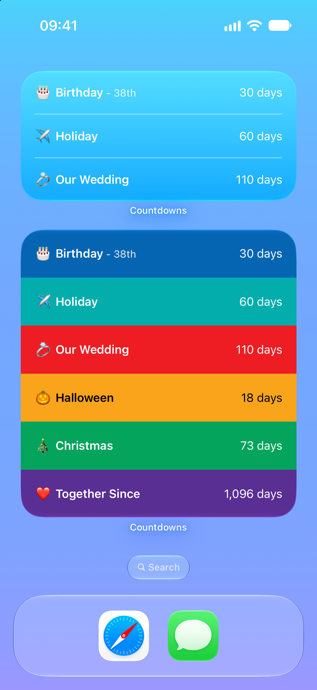 Countdowns widgets on the iPhone Home Screen showing time until upcoming events.
