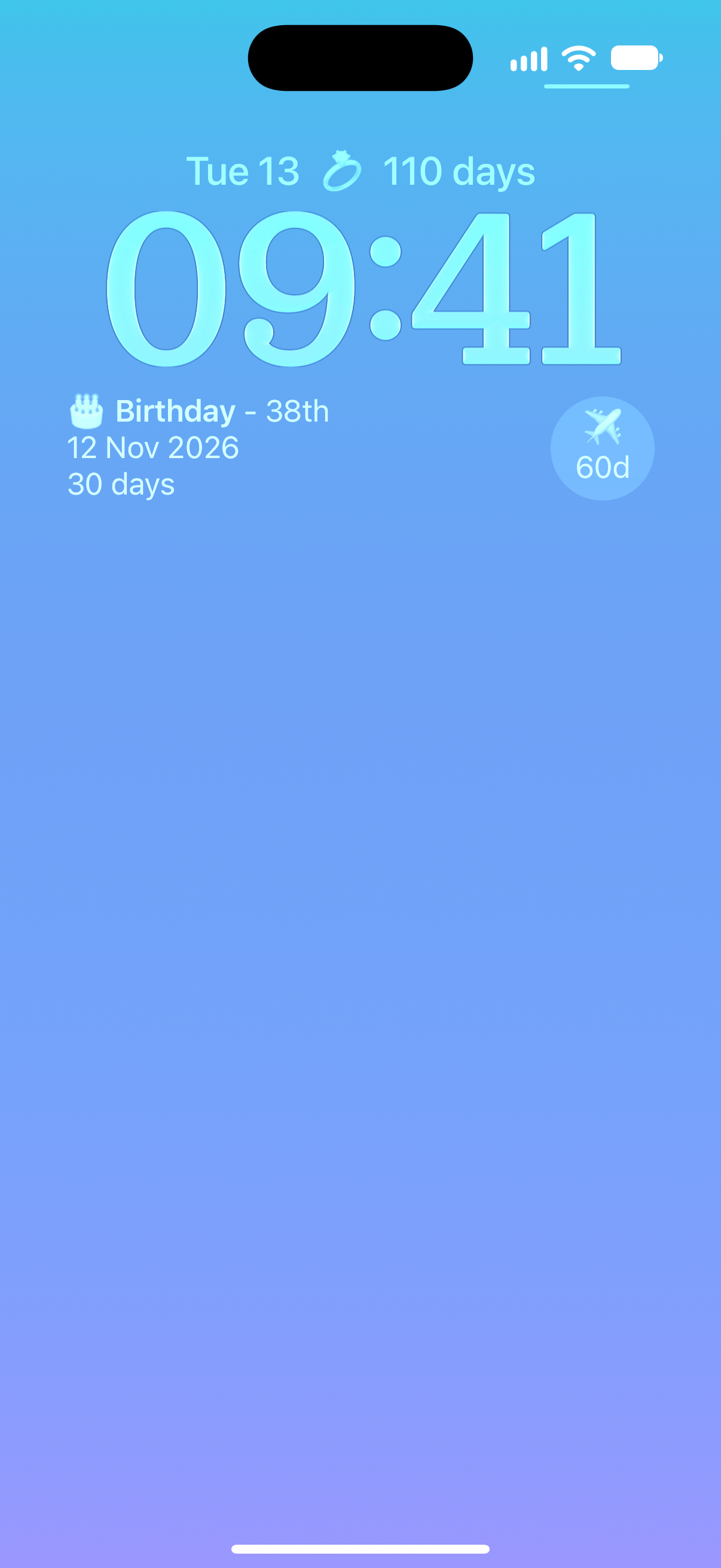 Countdowns widgets on the iPhone Lock Screen showing time until upcoming events.