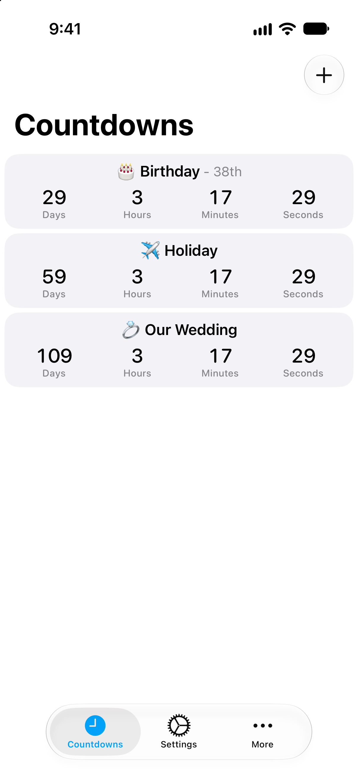 Detailed countdown list in Countdowns showing time remaining until upcoming events.