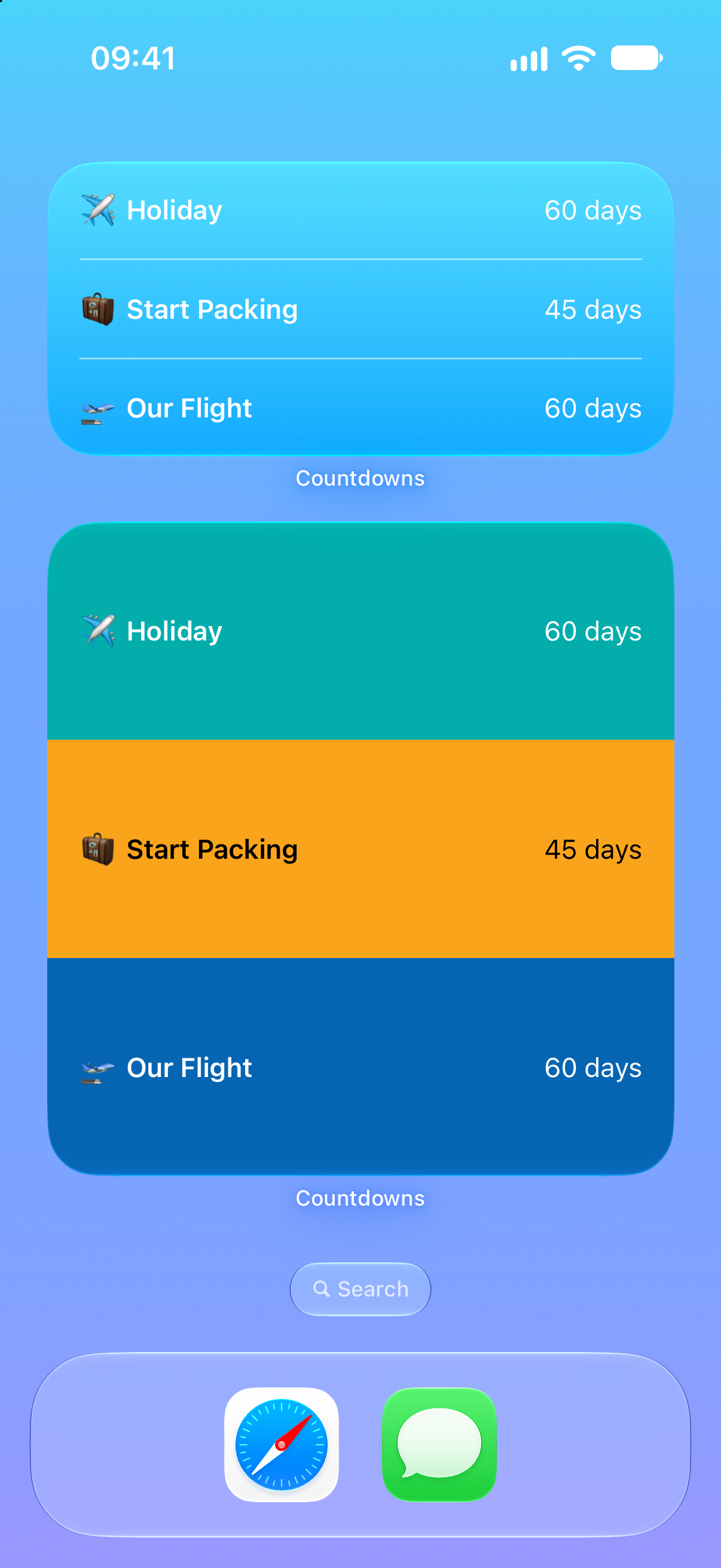 Countdowns widgets on the iPhone Home Screen counting down to a holiday and flight.