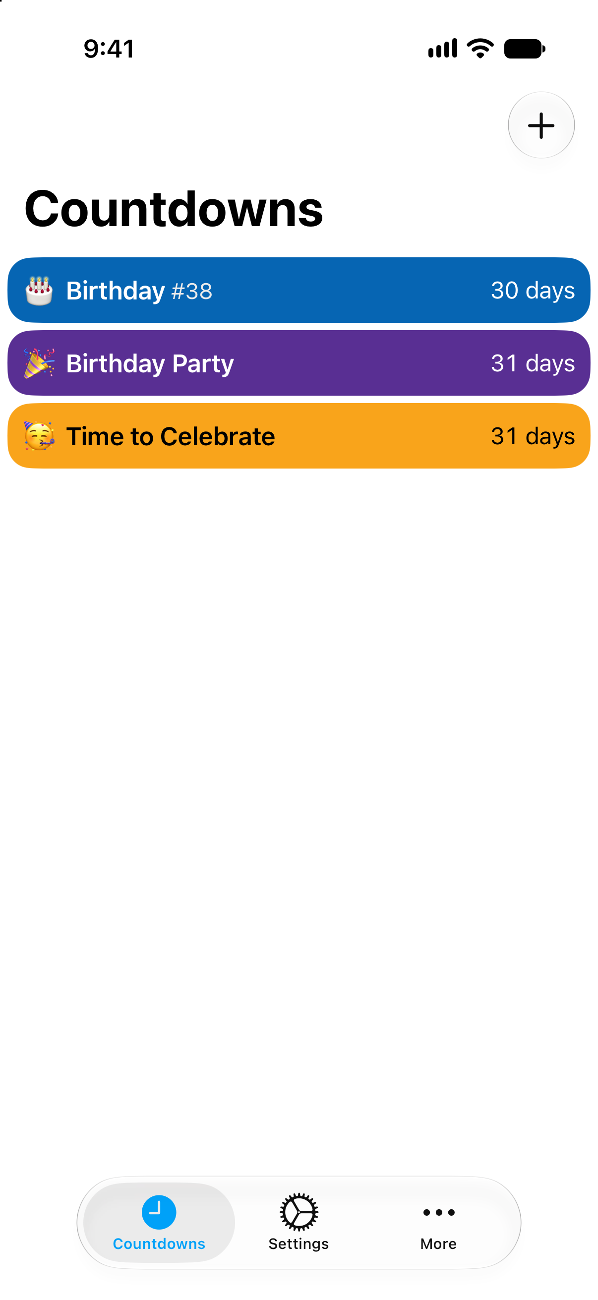 Colorful birthday and birthday party countdowns in Countdowns.