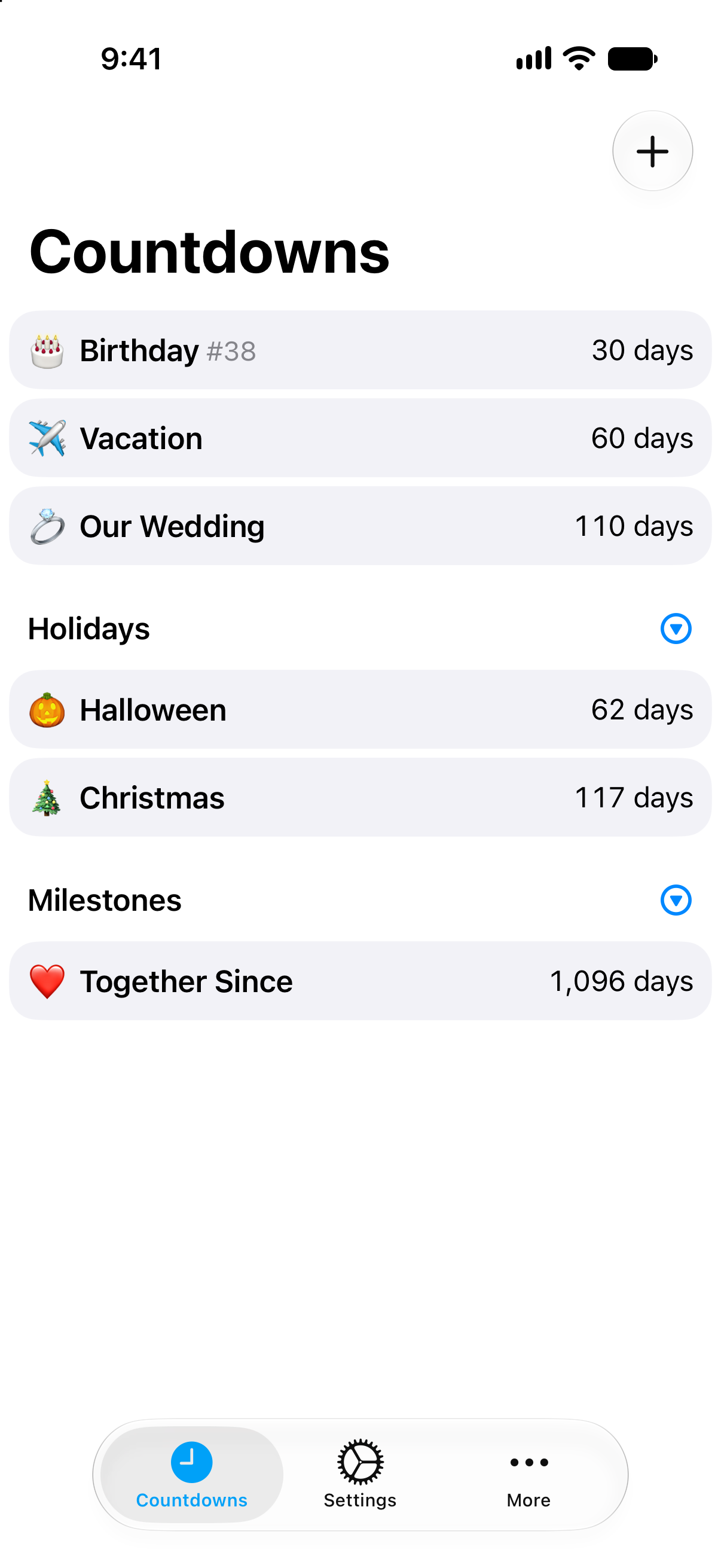 Compact countdown list in Countdowns with multiple events visible at a glance.