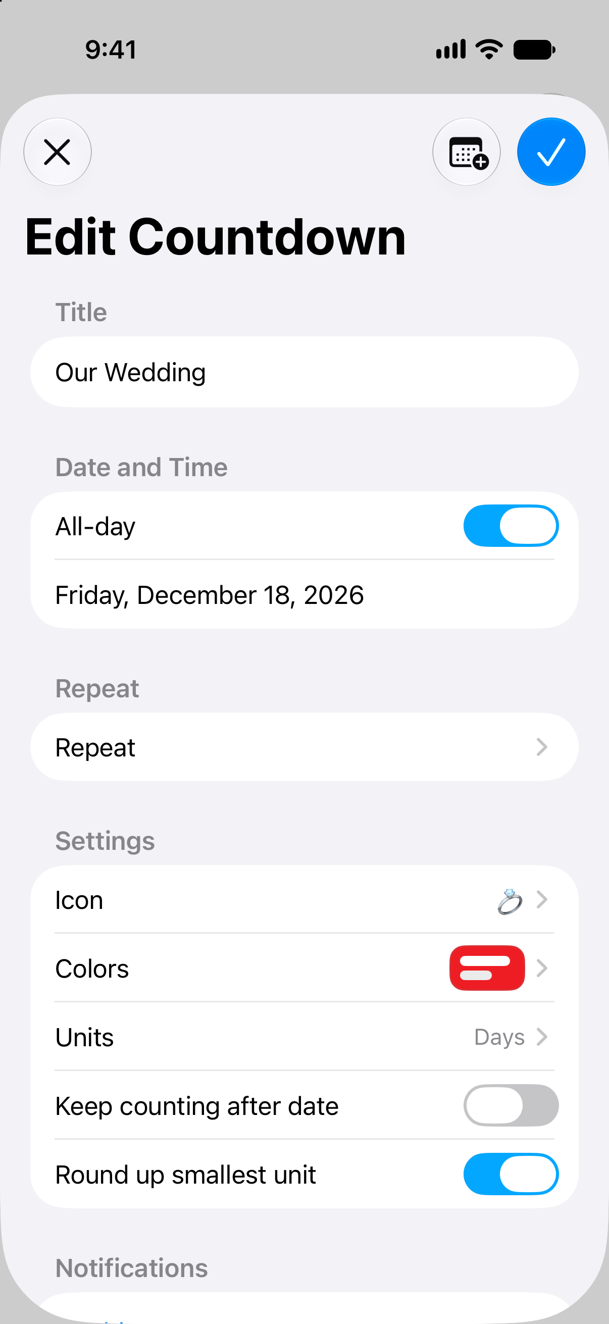 Countdown editor in Countdowns with event name, date, and customization options.