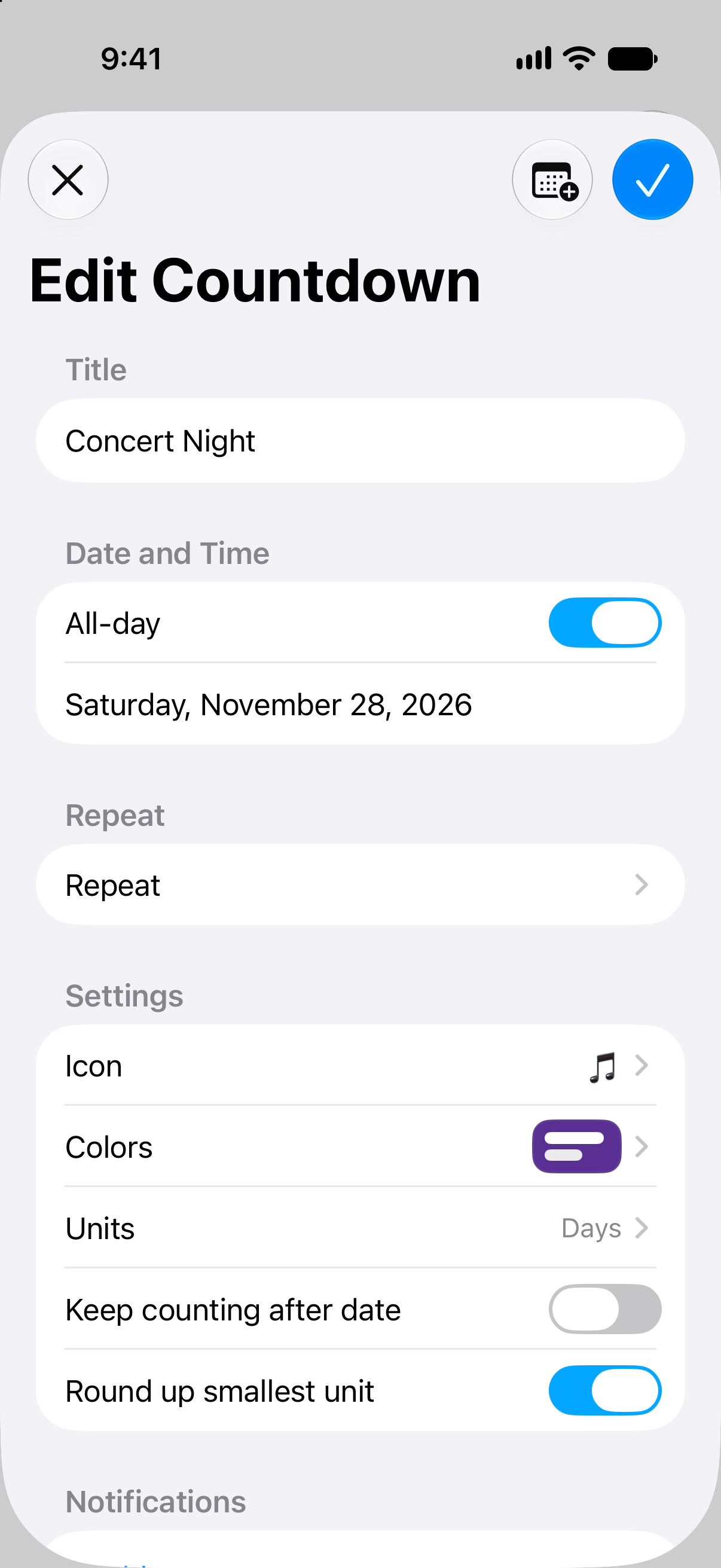 Event editor in Countdowns with date and countdown customization options.