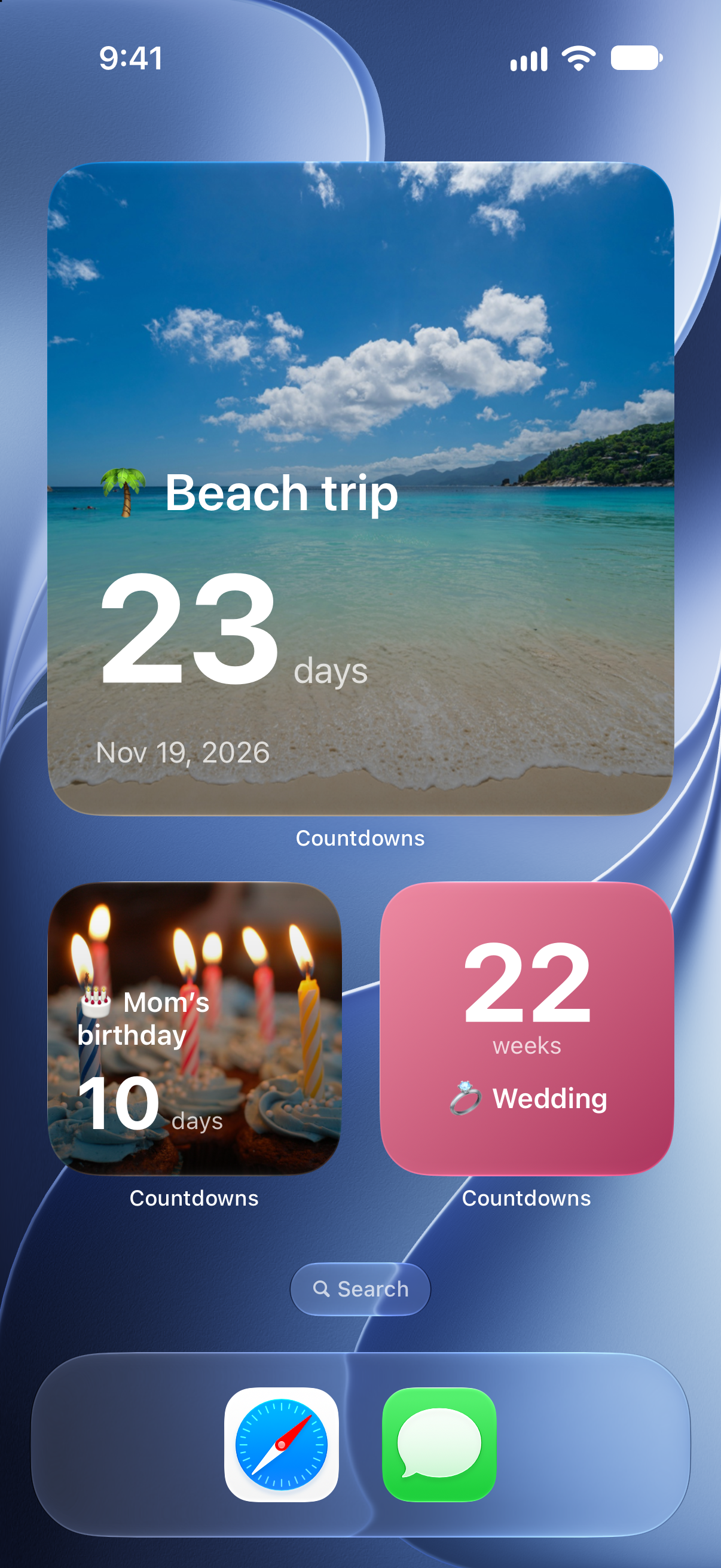 Custom Countdowns widgets on the iPhone Home Screen counting down to a beach trip, Mom's birthday, and a wedding.