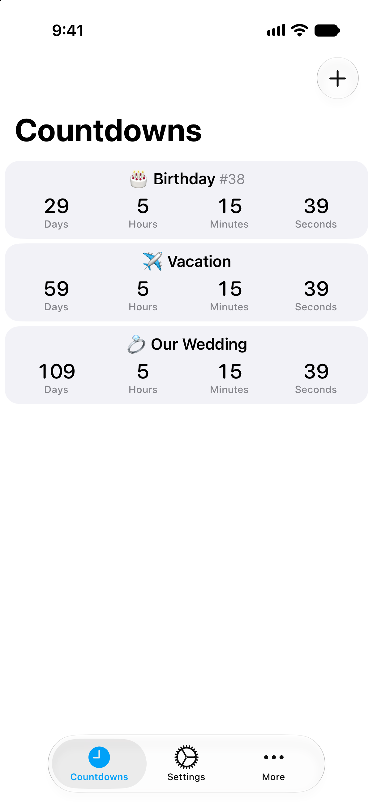 Detailed countdown list in Countdowns showing time remaining until upcoming events.