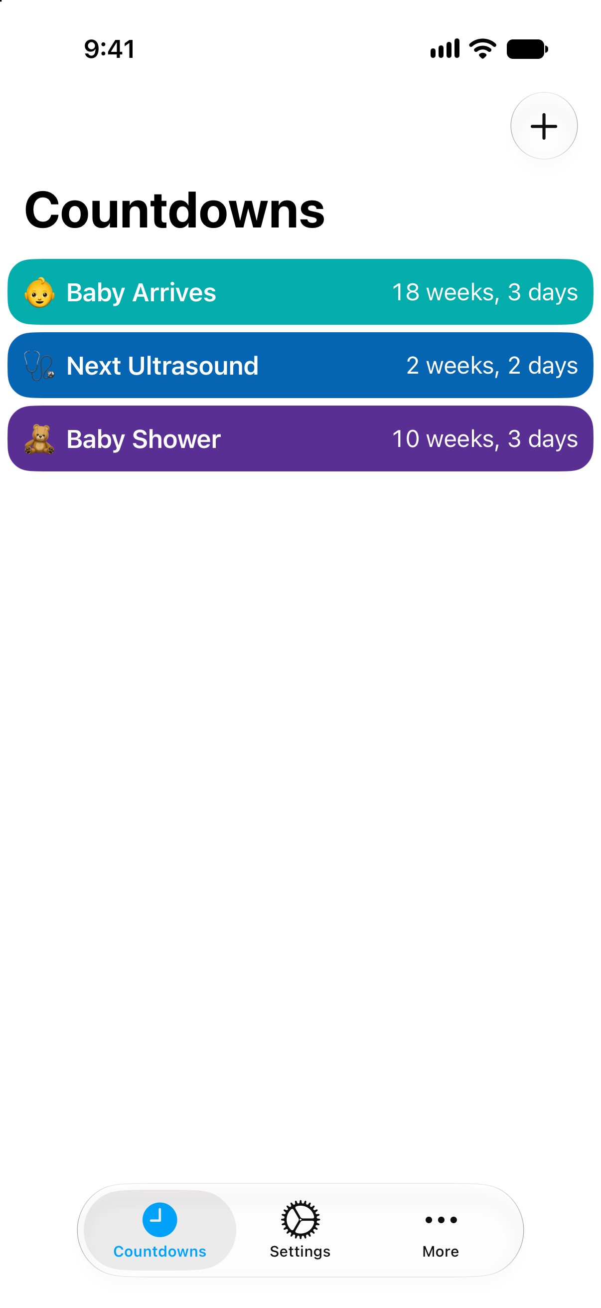 Pregnancy countdowns in Countdowns showing weeks and days until the baby arrives.