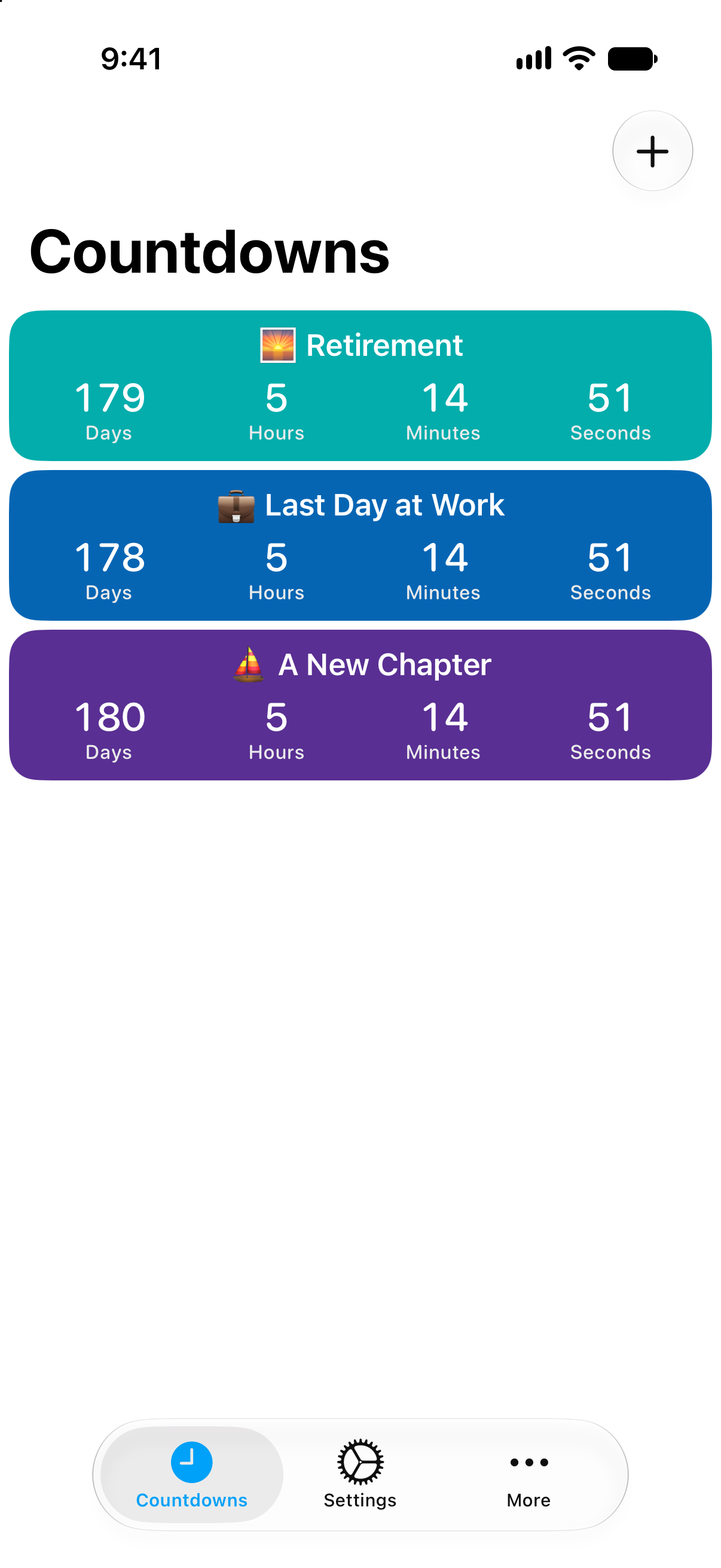 Detailed retirement and last-workday countdowns in Countdowns.