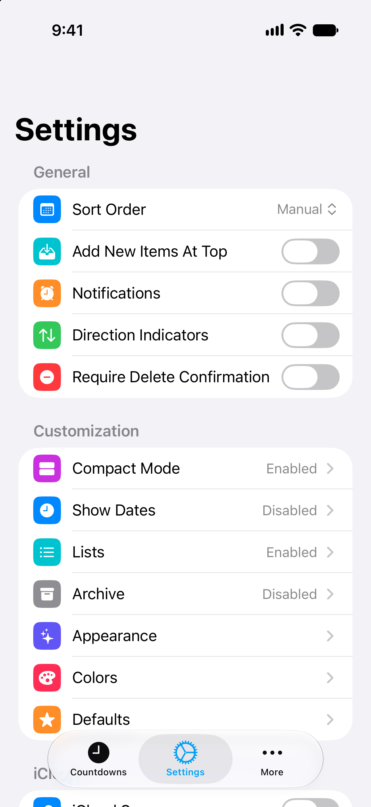 Countdowns settings showing lifetime Pro access.