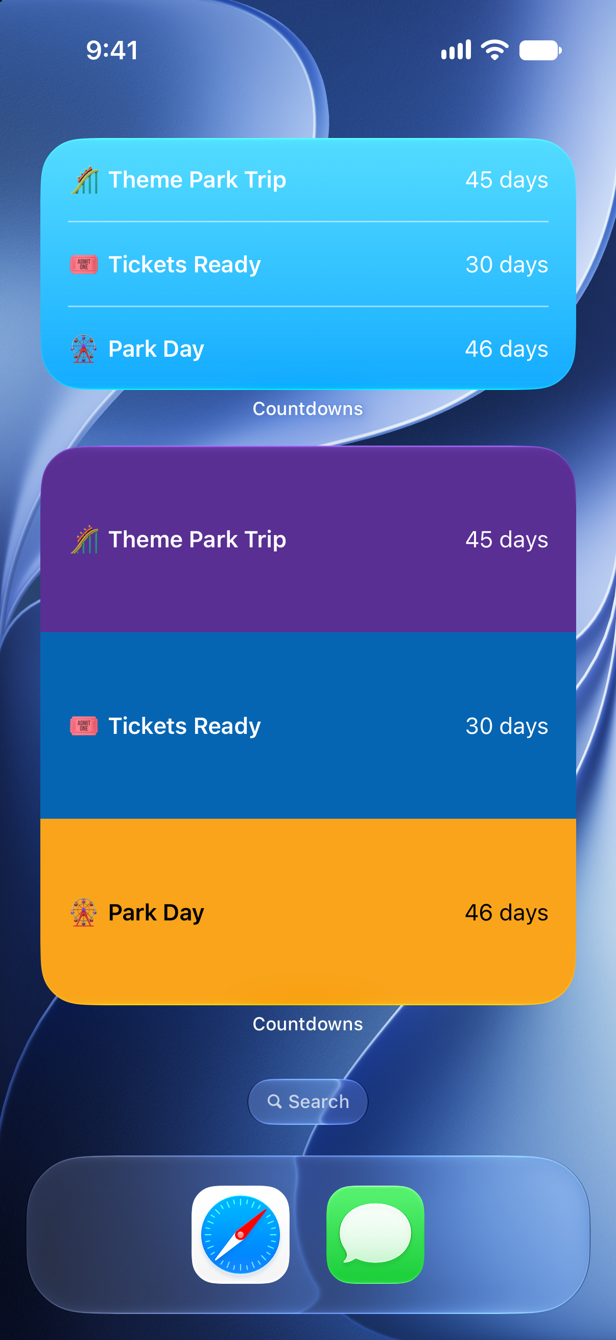 Countdowns widgets on the iPhone Home Screen counting down to a theme park trip.