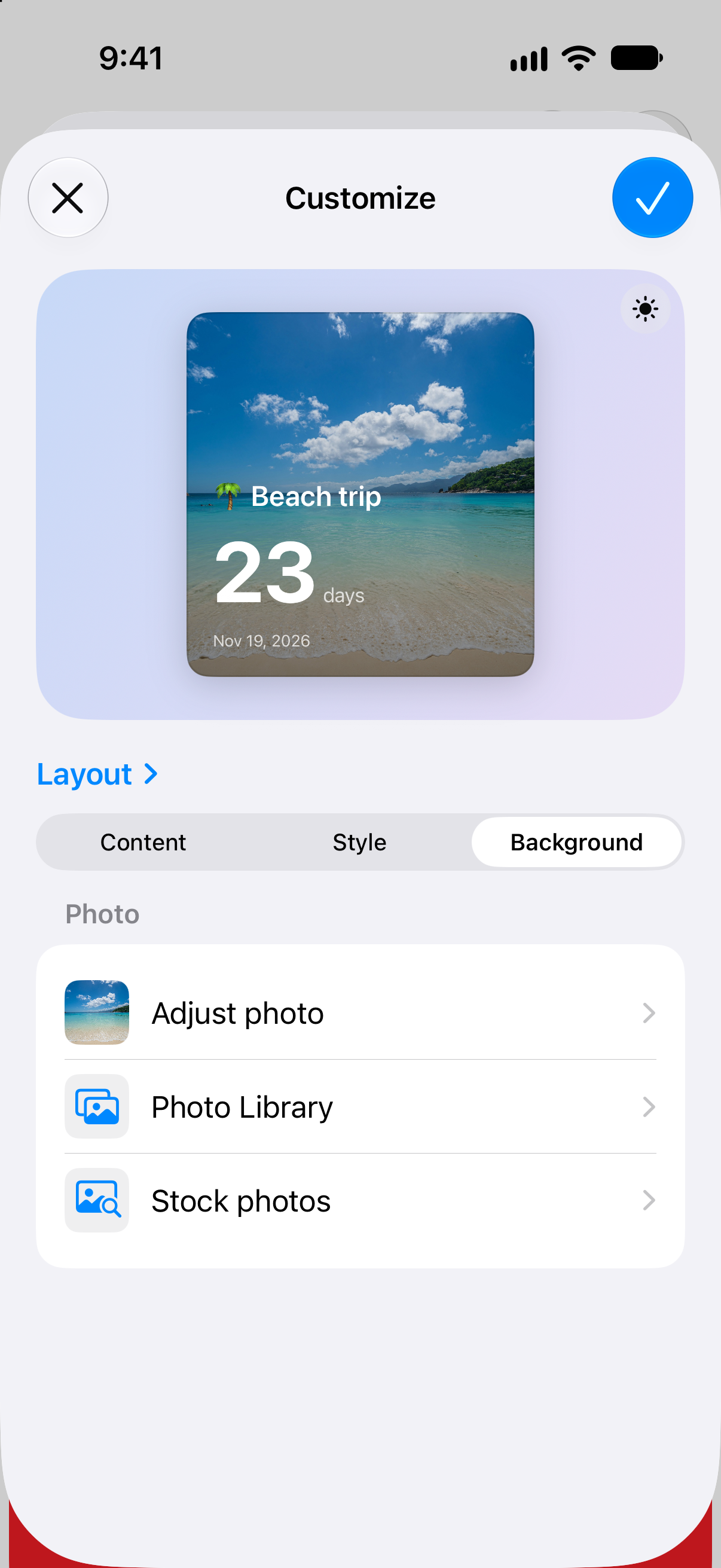 The Countdowns widget editor designing a beach trip widget with a photo background.