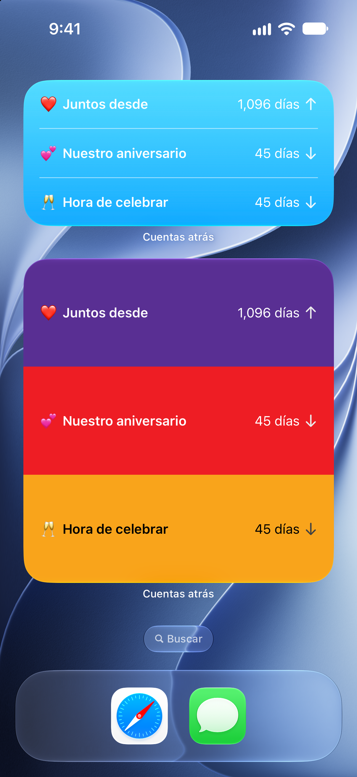 Widgets de Contadores en la pantalla de inicio del iPhone con el tiempo que llevamos juntos y la cuenta regresiva para nuestro aniversario.