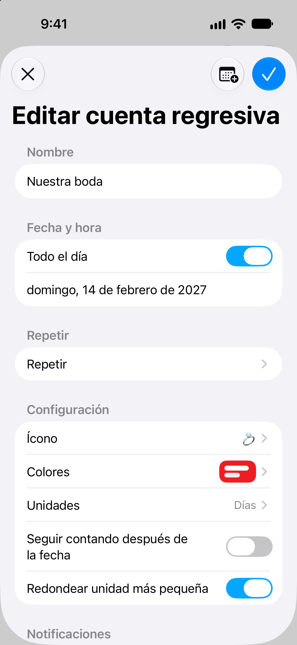 Editor de cuentas regresivas de Contadores con el nombre, la fecha y las opciones de personalización del evento.