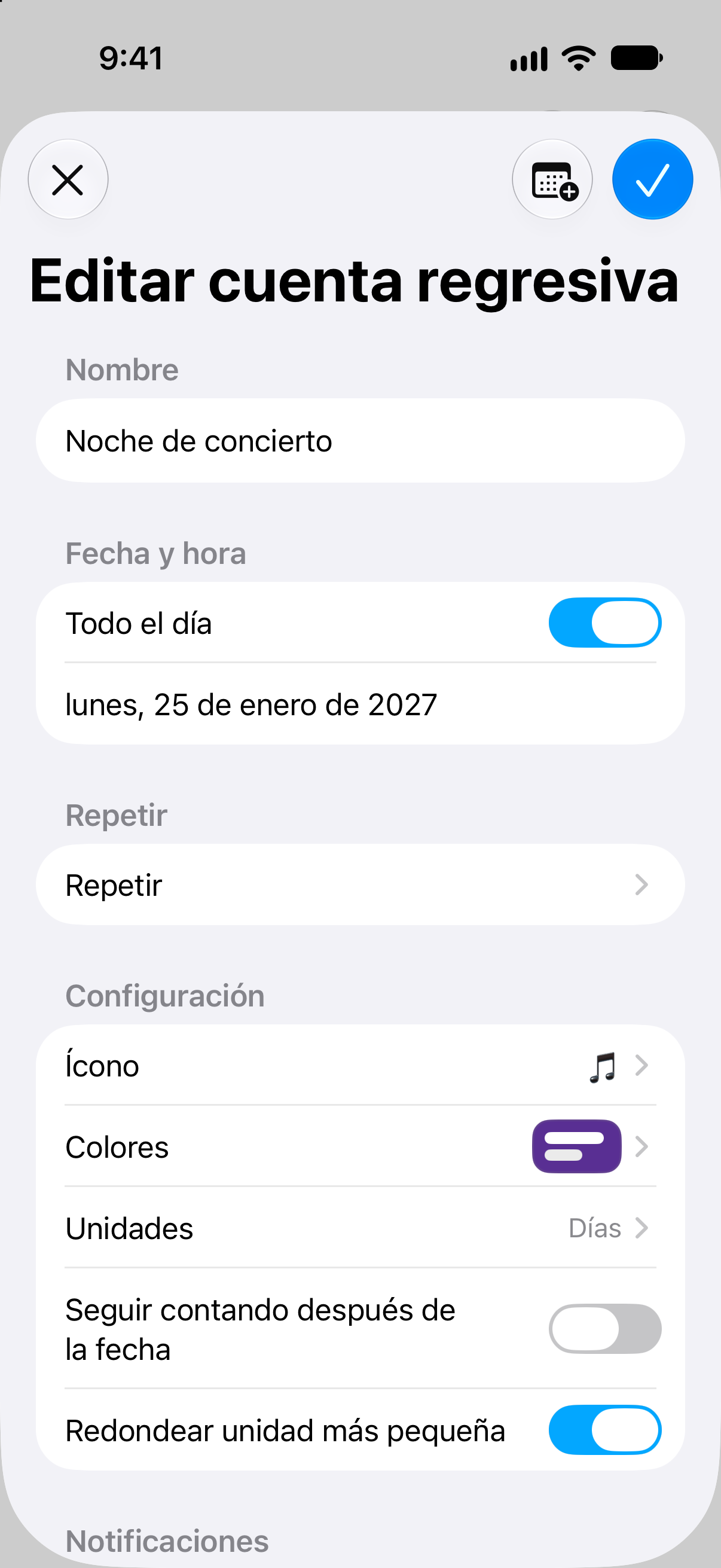 Editor de eventos de Contadores con opciones de fecha y personalización de la cuenta regresiva.