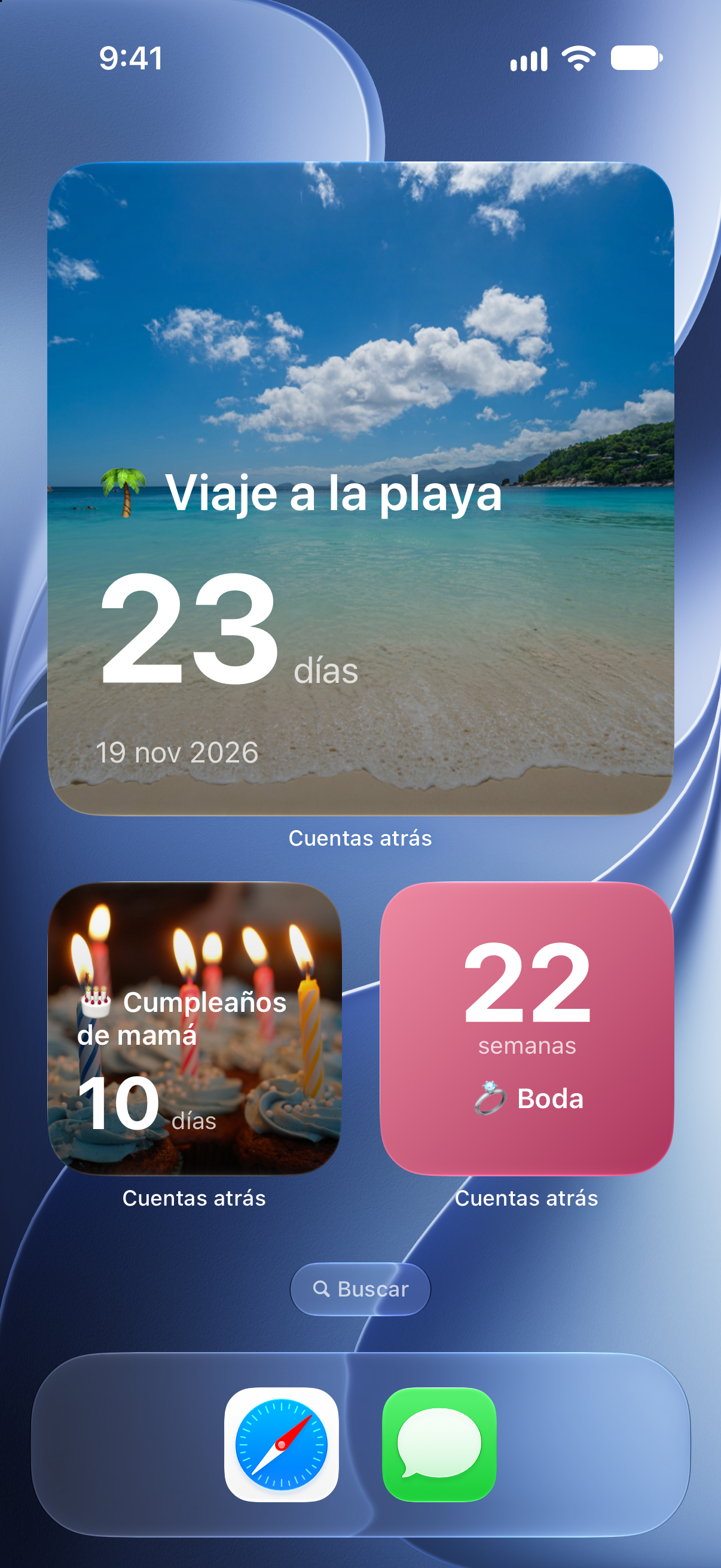 Widgets personalizados de Contadores en la pantalla de inicio del iPhone con la cuenta regresiva de un viaje a la playa, el cumpleaños de mamá y una boda.