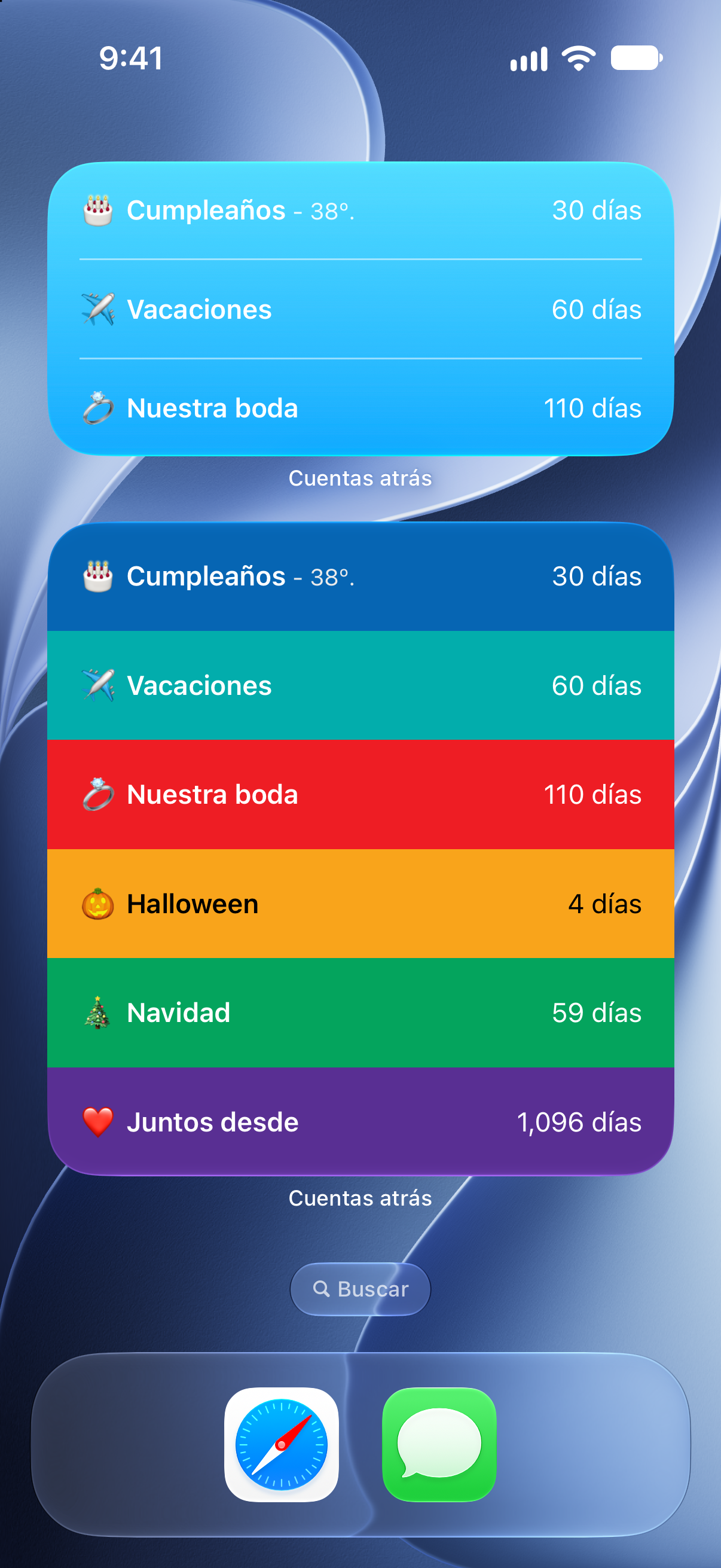 Widgets de Contadores en la pantalla de inicio del iPhone con el tiempo que falta para los próximos eventos.