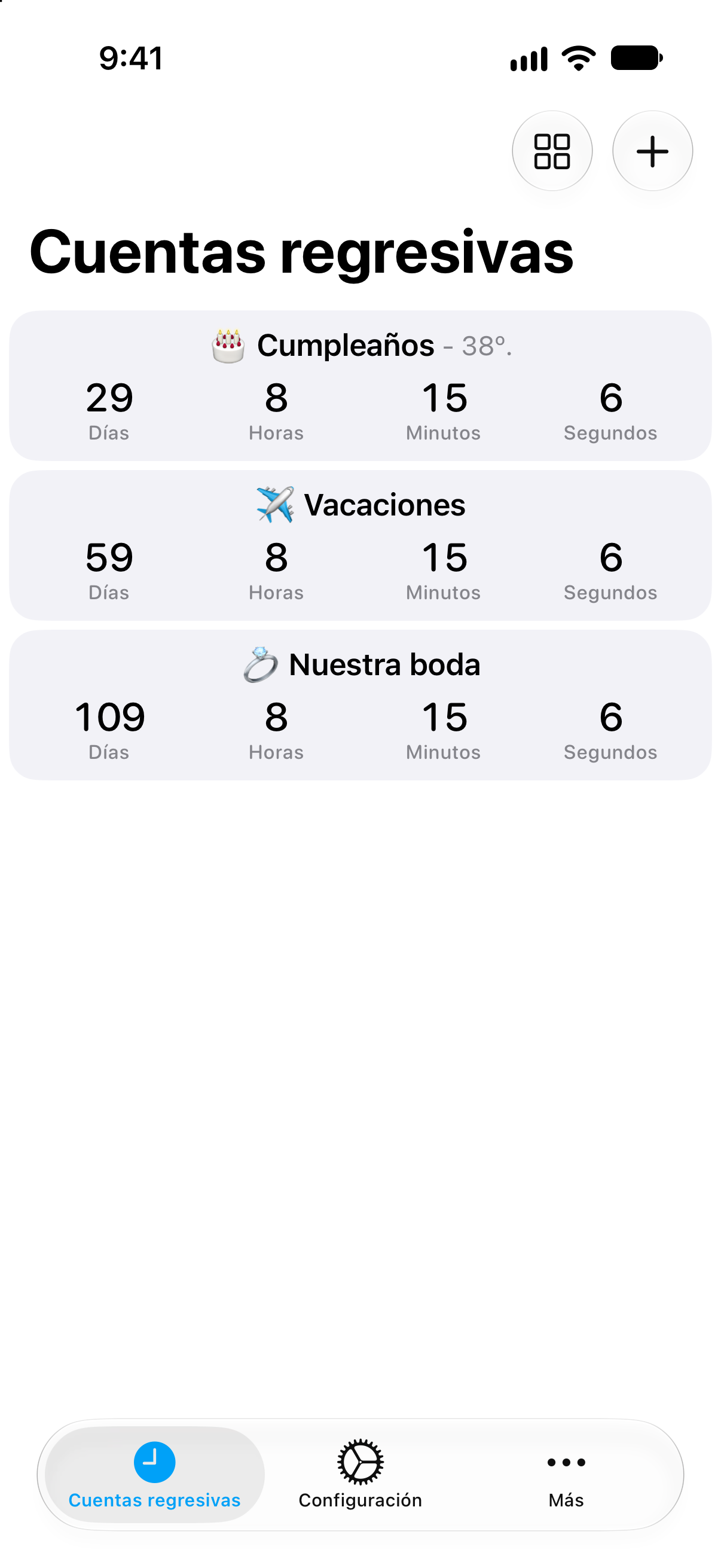 Lista detallada de cuentas regresivas en Contadores con el tiempo que falta para los próximos eventos.