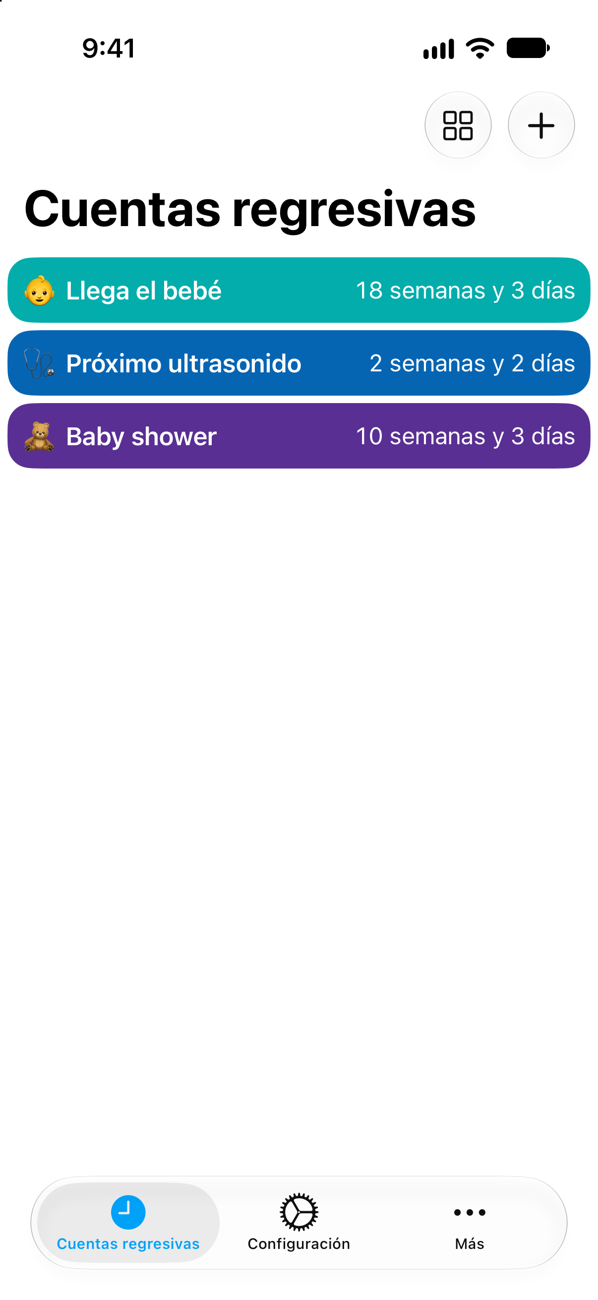 Cuentas regresivas de embarazo en Contadores con las semanas y los días que faltan para la llegada del bebé.